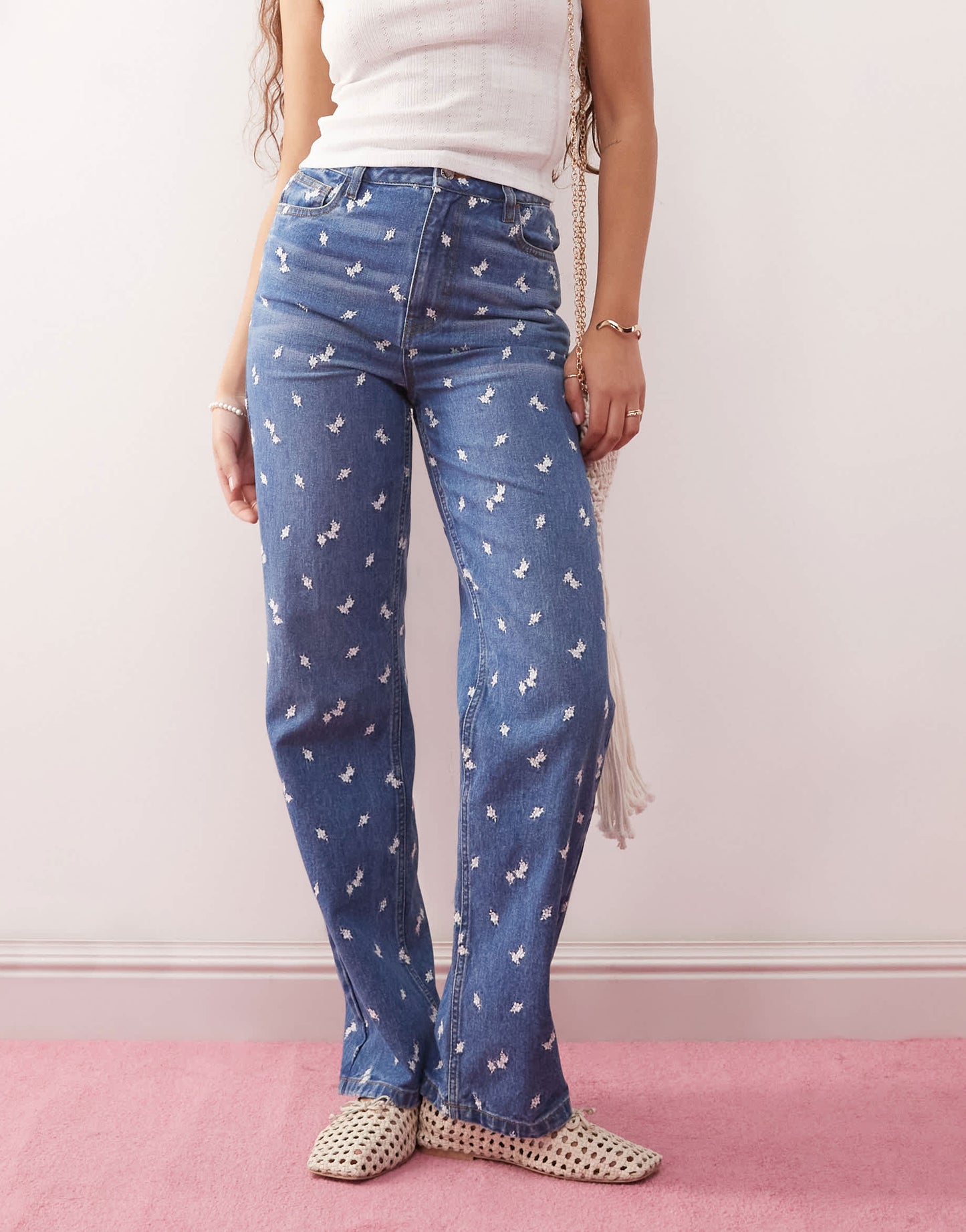 Miss Selfridge all over summer ditsy embroidered jean in blue wash