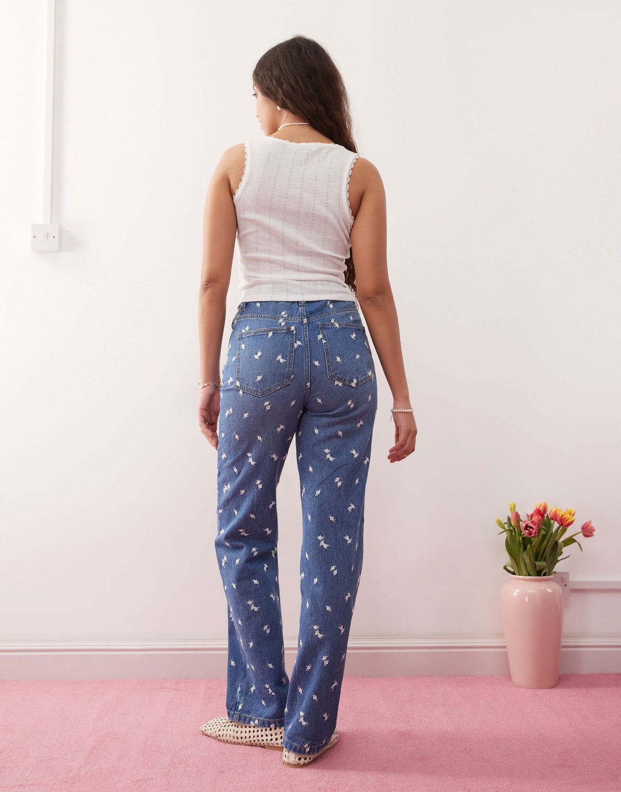 Miss Selfridge all over summer ditsy embroidered jean in blue wash