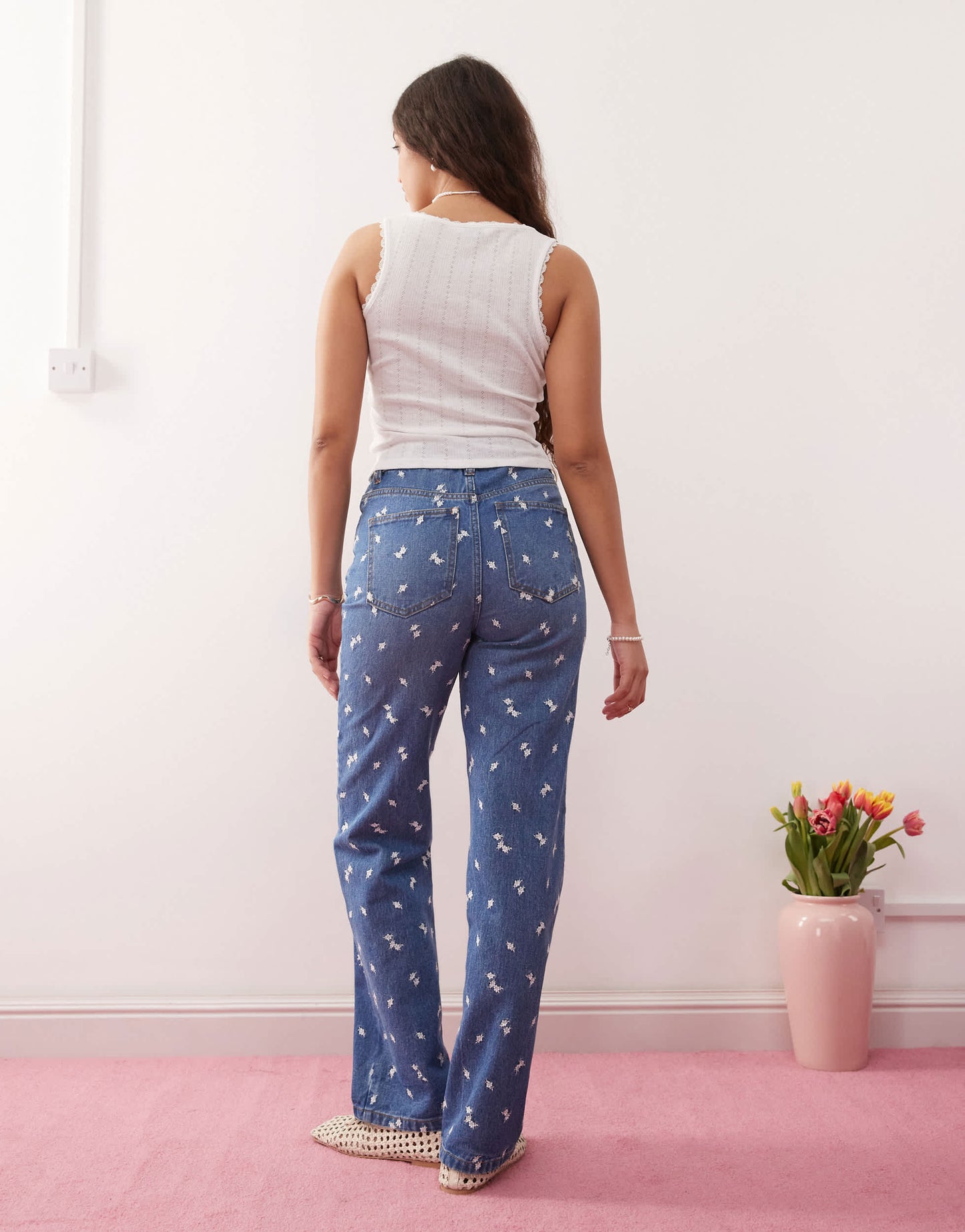 Miss Selfridge all over summer ditsy embroidered jean in blue wash