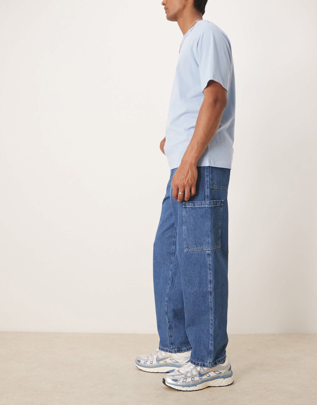 ASOS DESIGN wide skater jeans with cargo pockets in mid wash blue