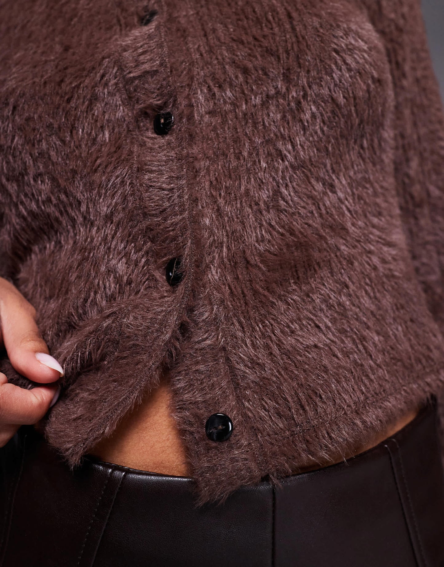 ASOS DESIGN fluffy button through long sleeve cardigan in chocolate