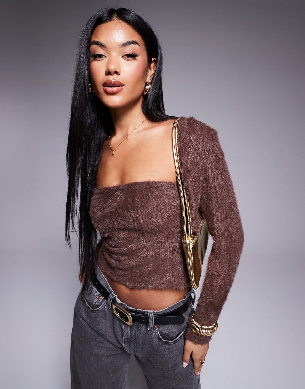 ASOS DESIGN fluffy bandeau top with long sleeve cardigan in chocolate