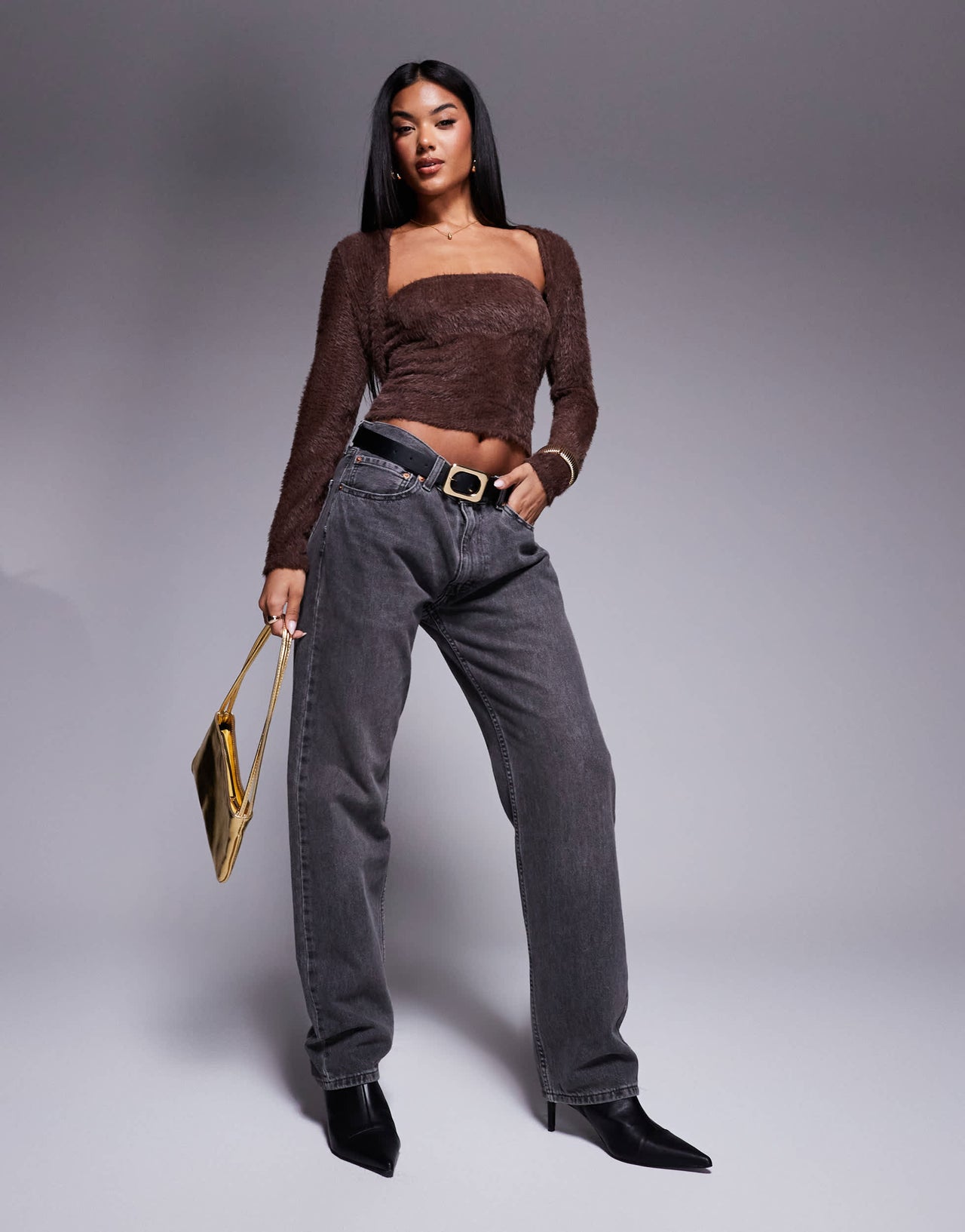 ASOS DESIGN fluffy bandeau top with long sleeve cardigan in chocolate