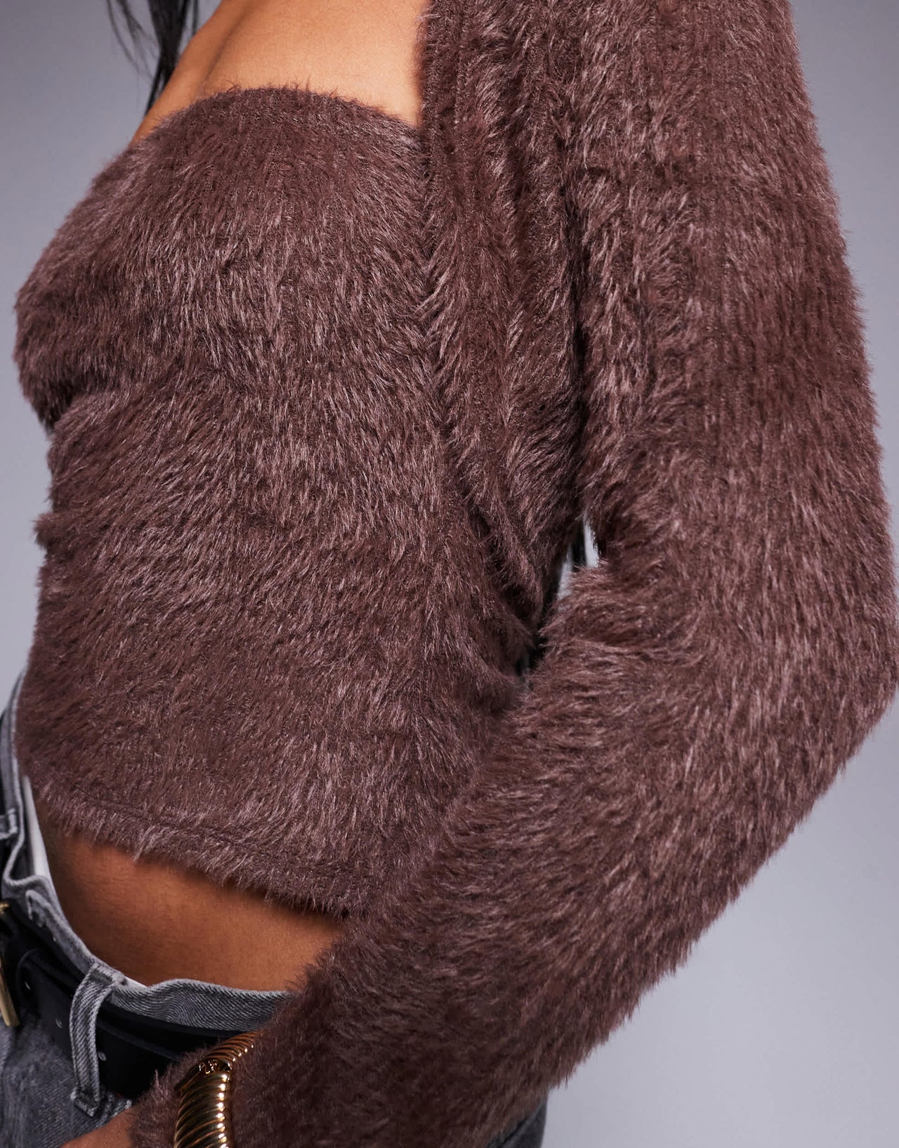 ASOS DESIGN fluffy bandeau top with long sleeve cardigan in chocolate