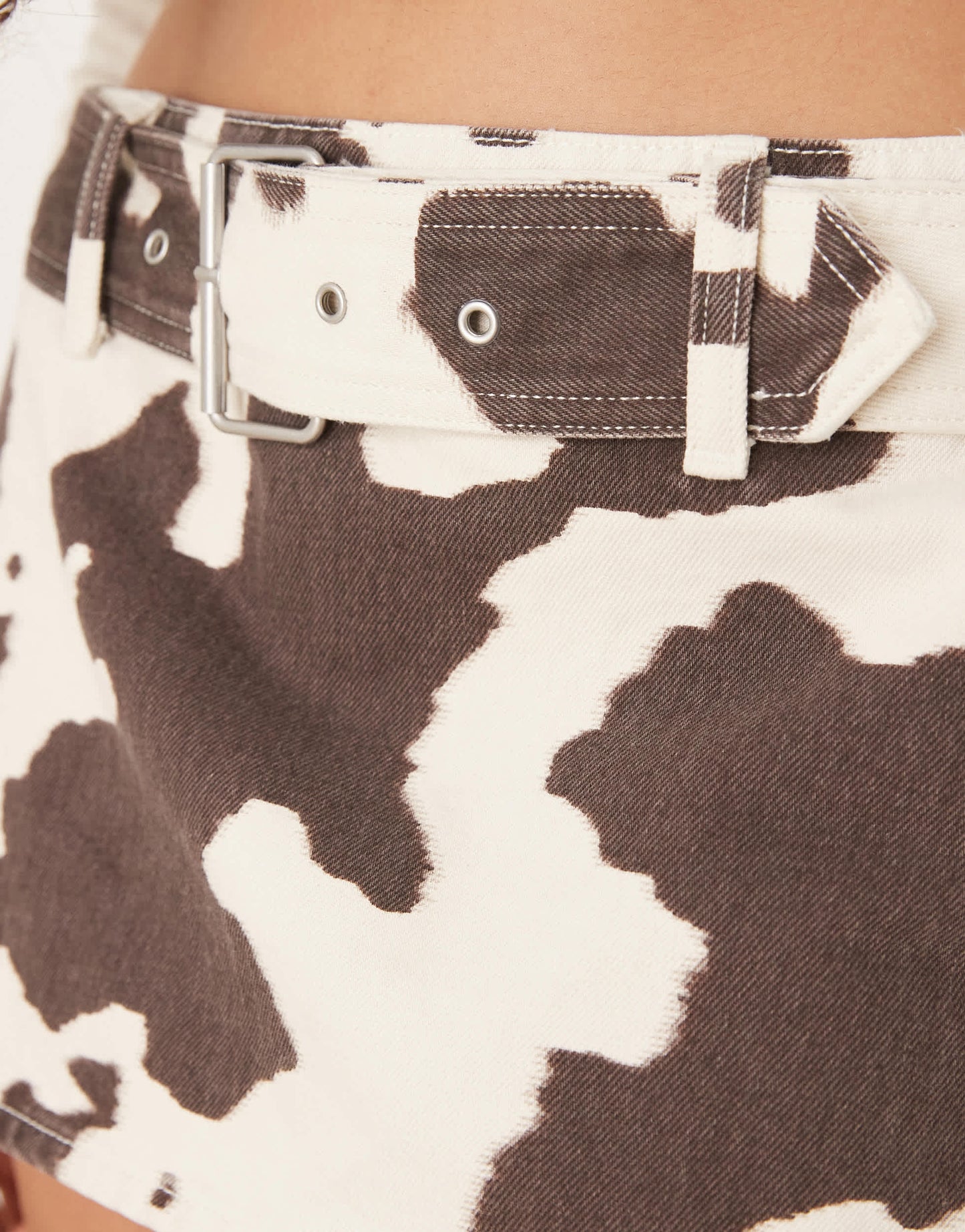 Abercrombie & Fitch belted denim mini skort in cow print