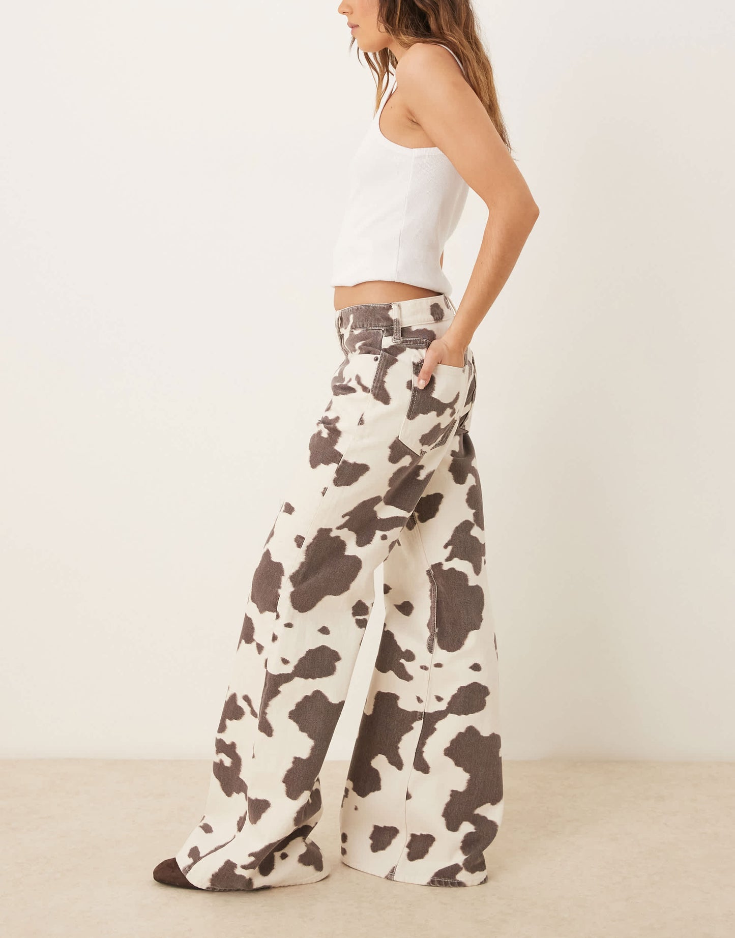 Abercrombie & Fitch mid rise baggy bootcut jean in multi cow print
