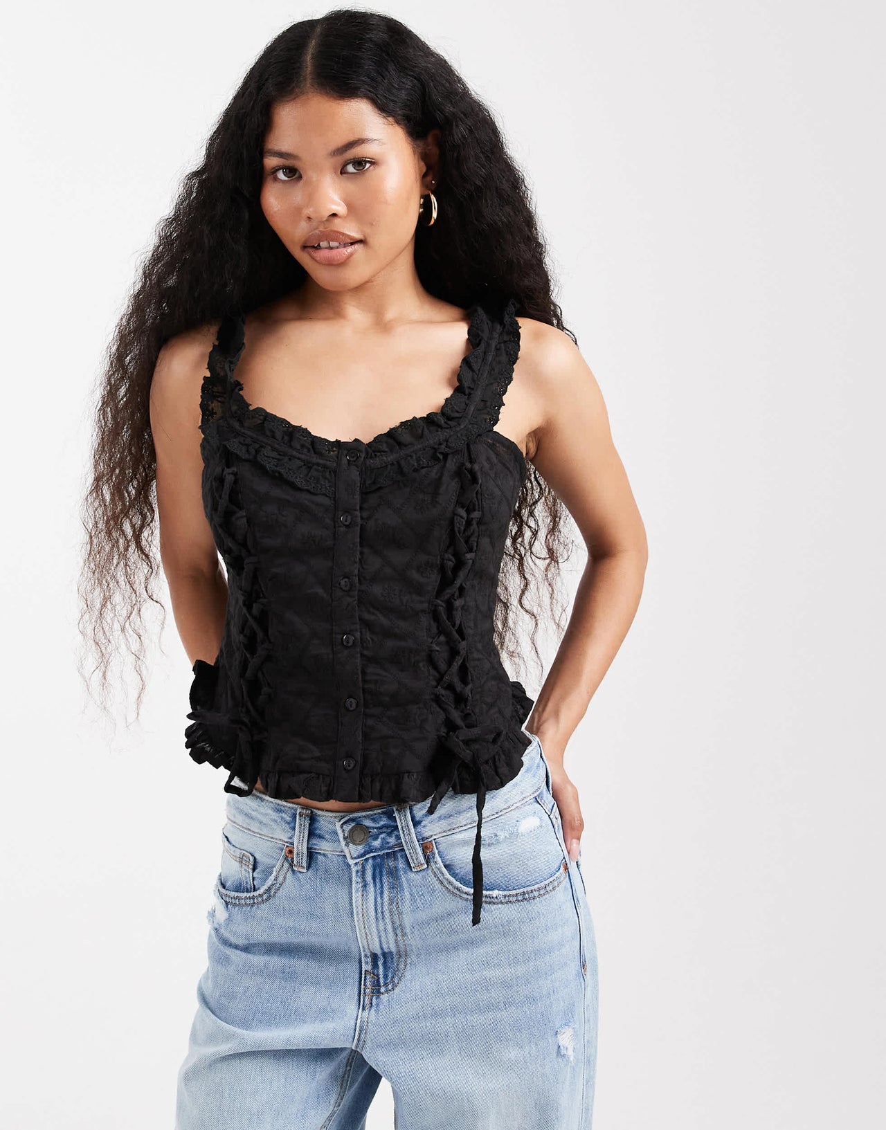 Miss Selfridge Petite cotton broderie corset top in black