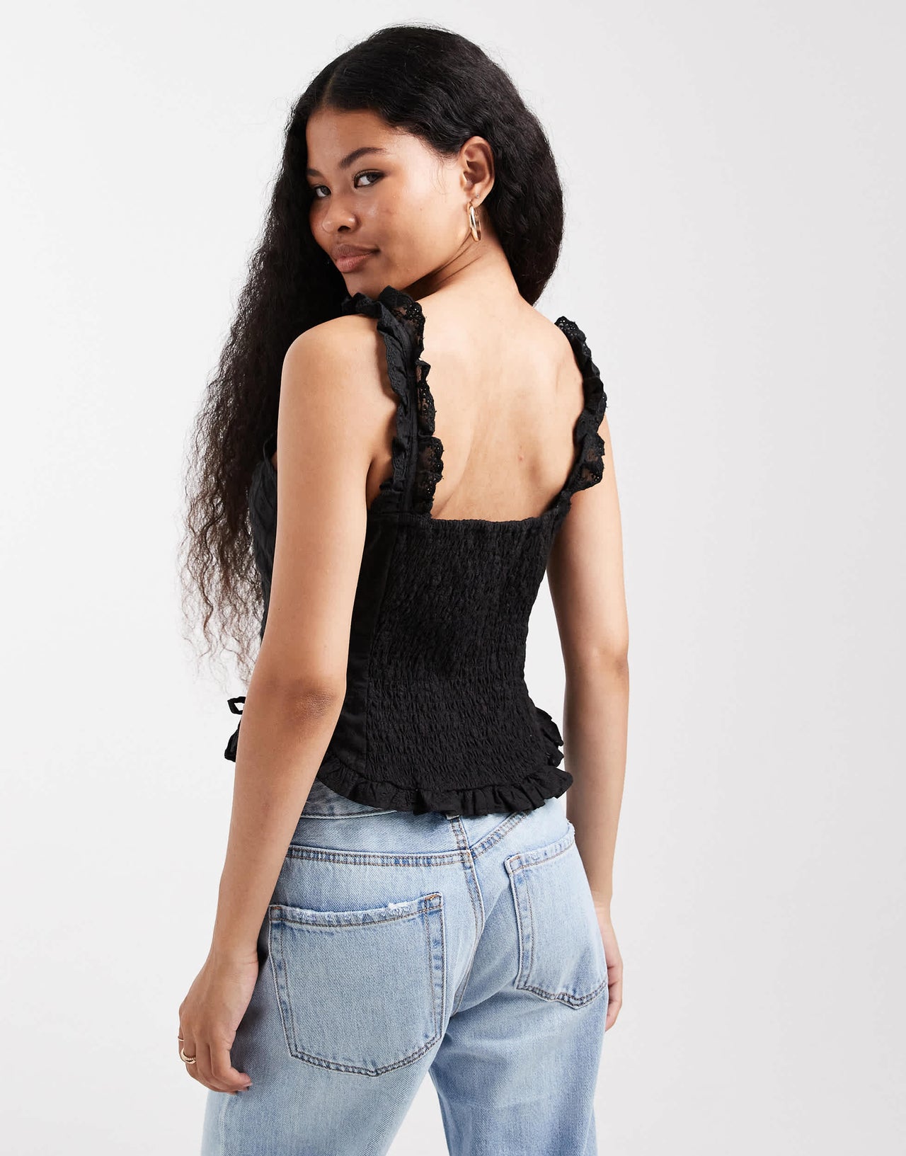 Miss Selfridge Petite cotton broderie corset top in black