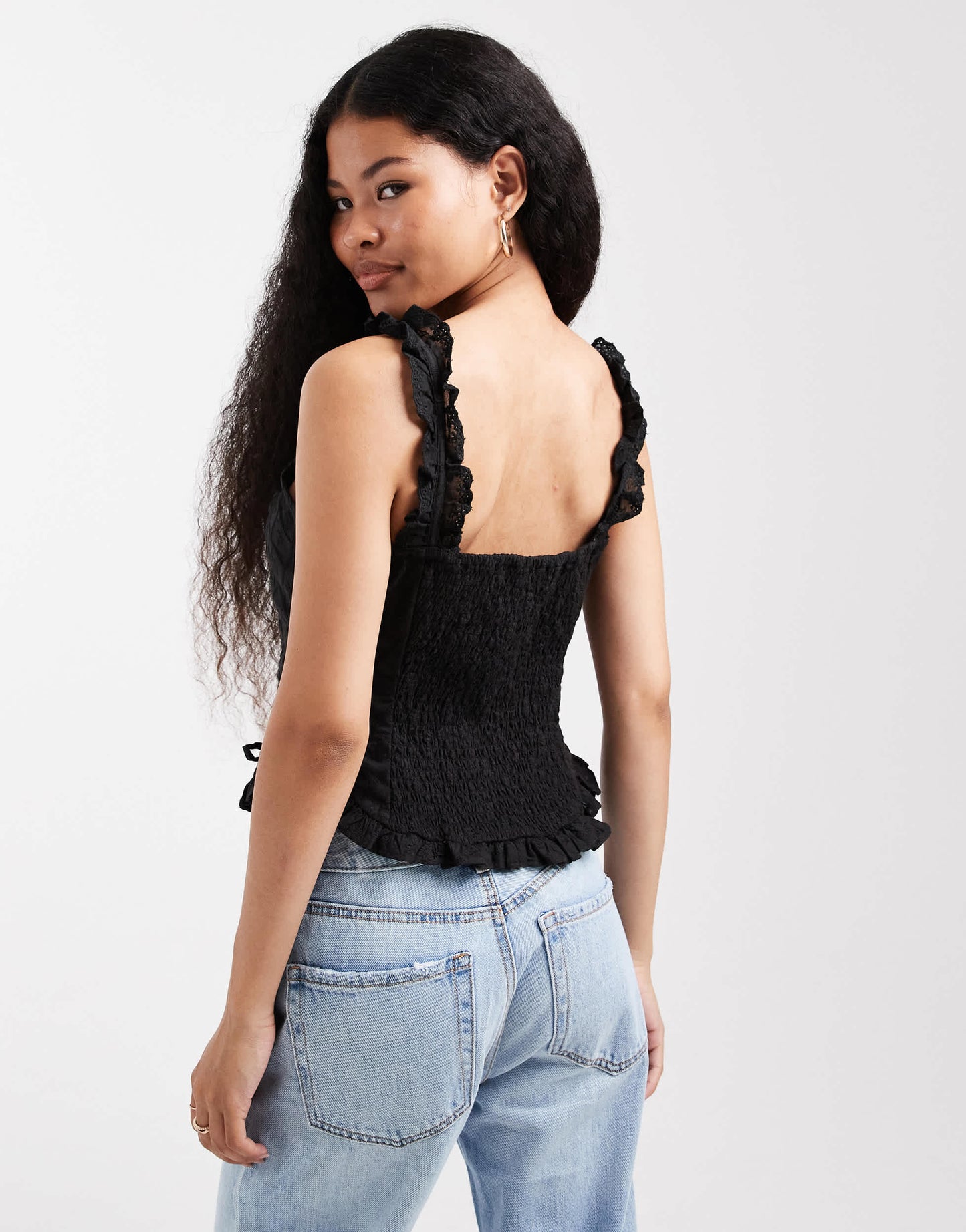 Miss Selfridge Petite cotton broderie corset top in black