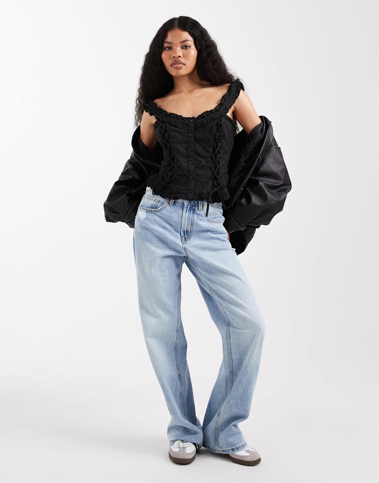 Miss Selfridge Petite cotton broderie corset top in black