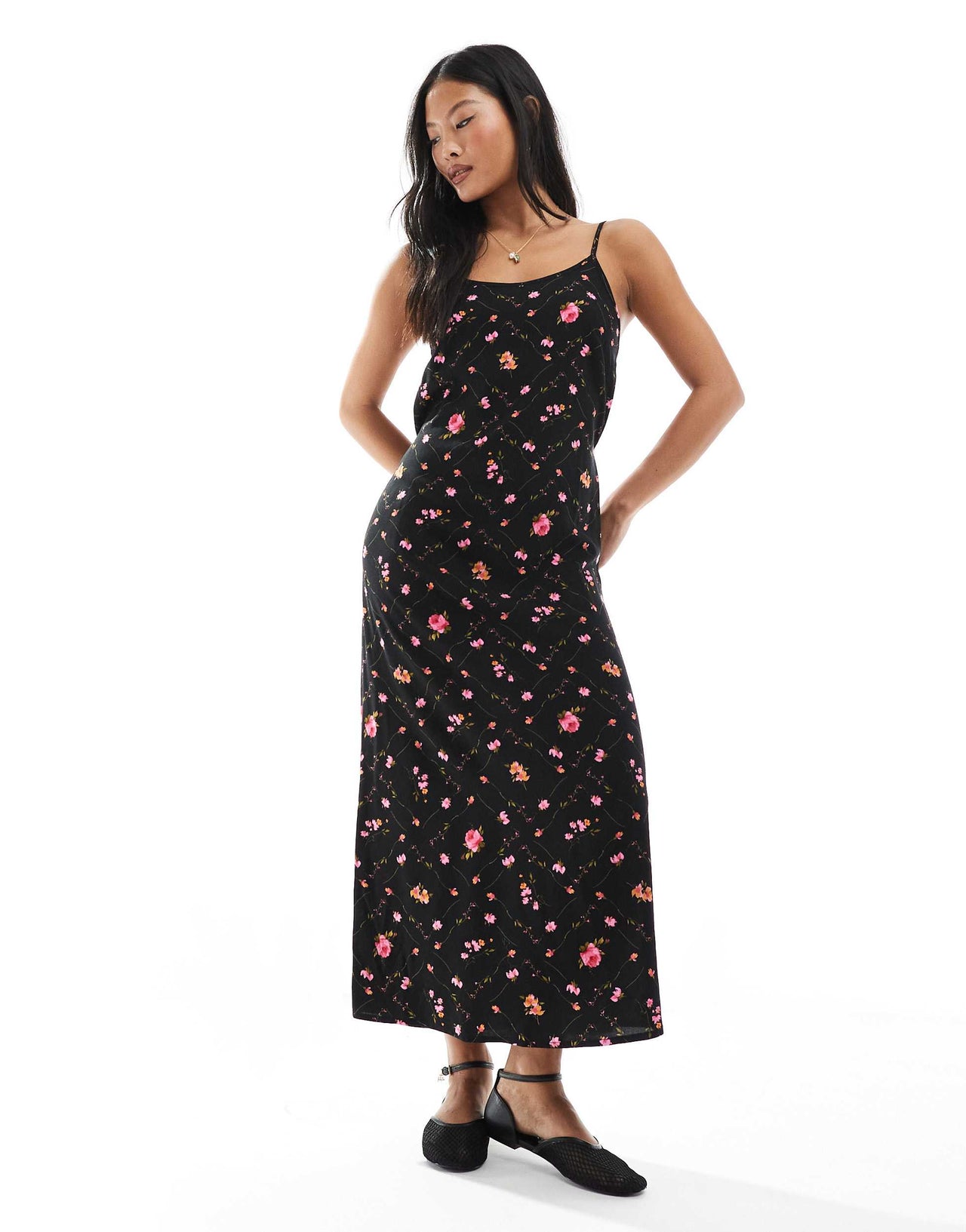 Miss Selfridge Petite strappy scoop neck maxi slip dress in black ditsy print