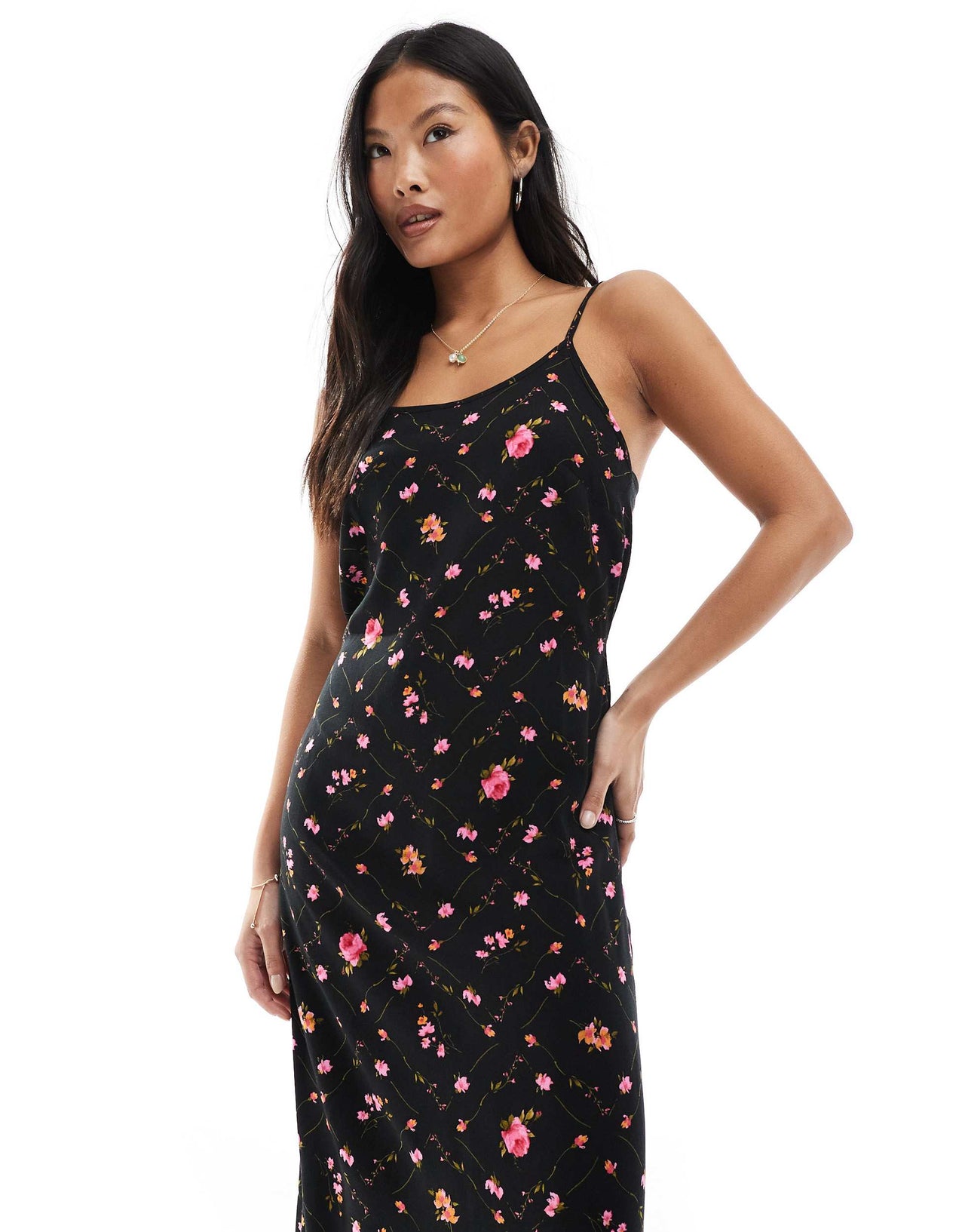 Miss Selfridge Petite strappy scoop neck maxi slip dress in black ditsy print