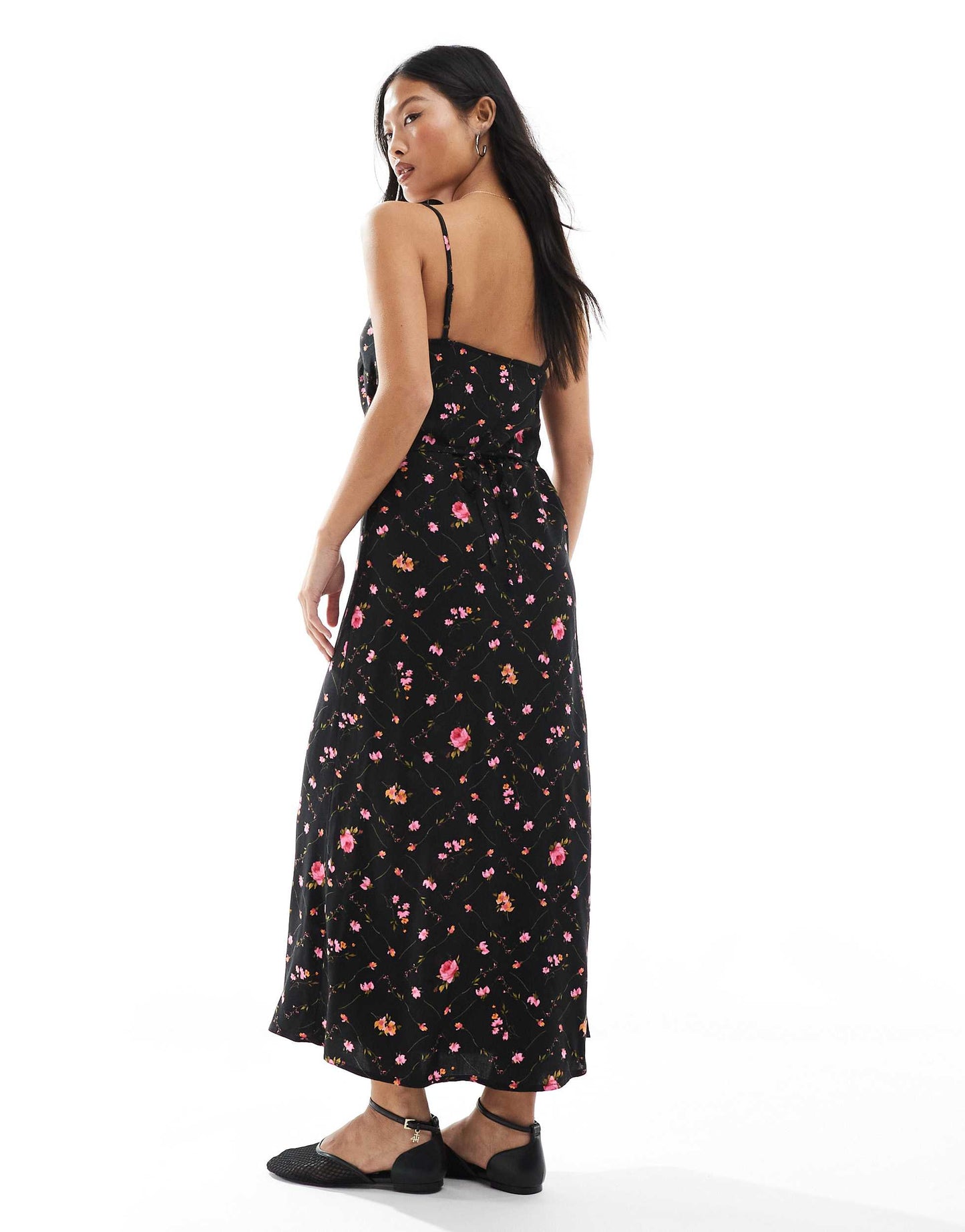 Miss Selfridge Petite strappy scoop neck maxi slip dress in black ditsy print