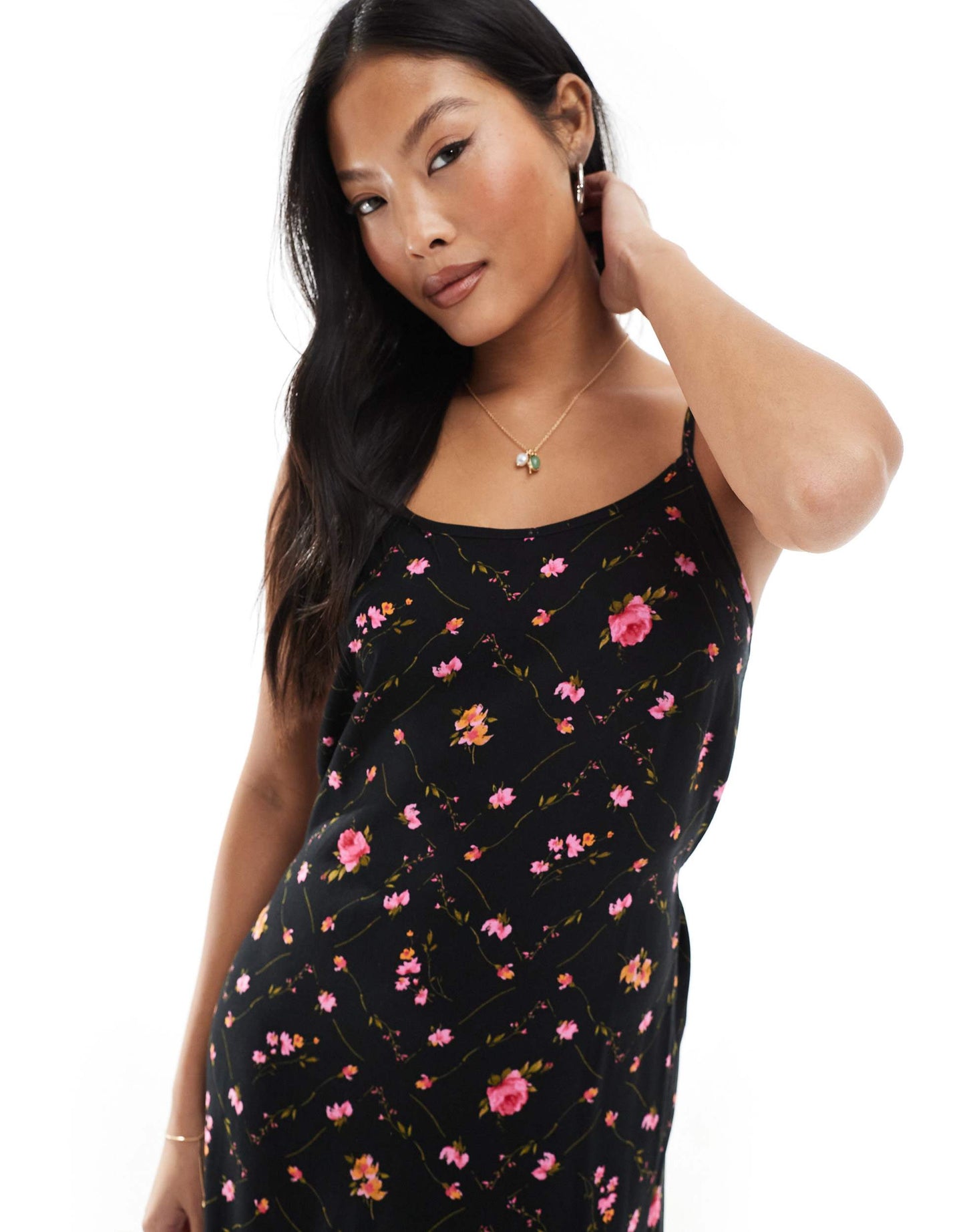 Miss Selfridge Petite strappy scoop neck maxi slip dress in black ditsy print