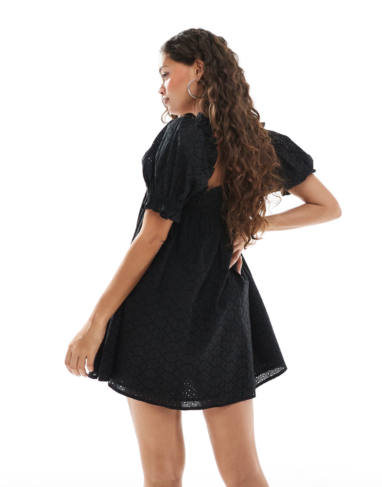 Miss Selfridge Petite broderie smock dress in black