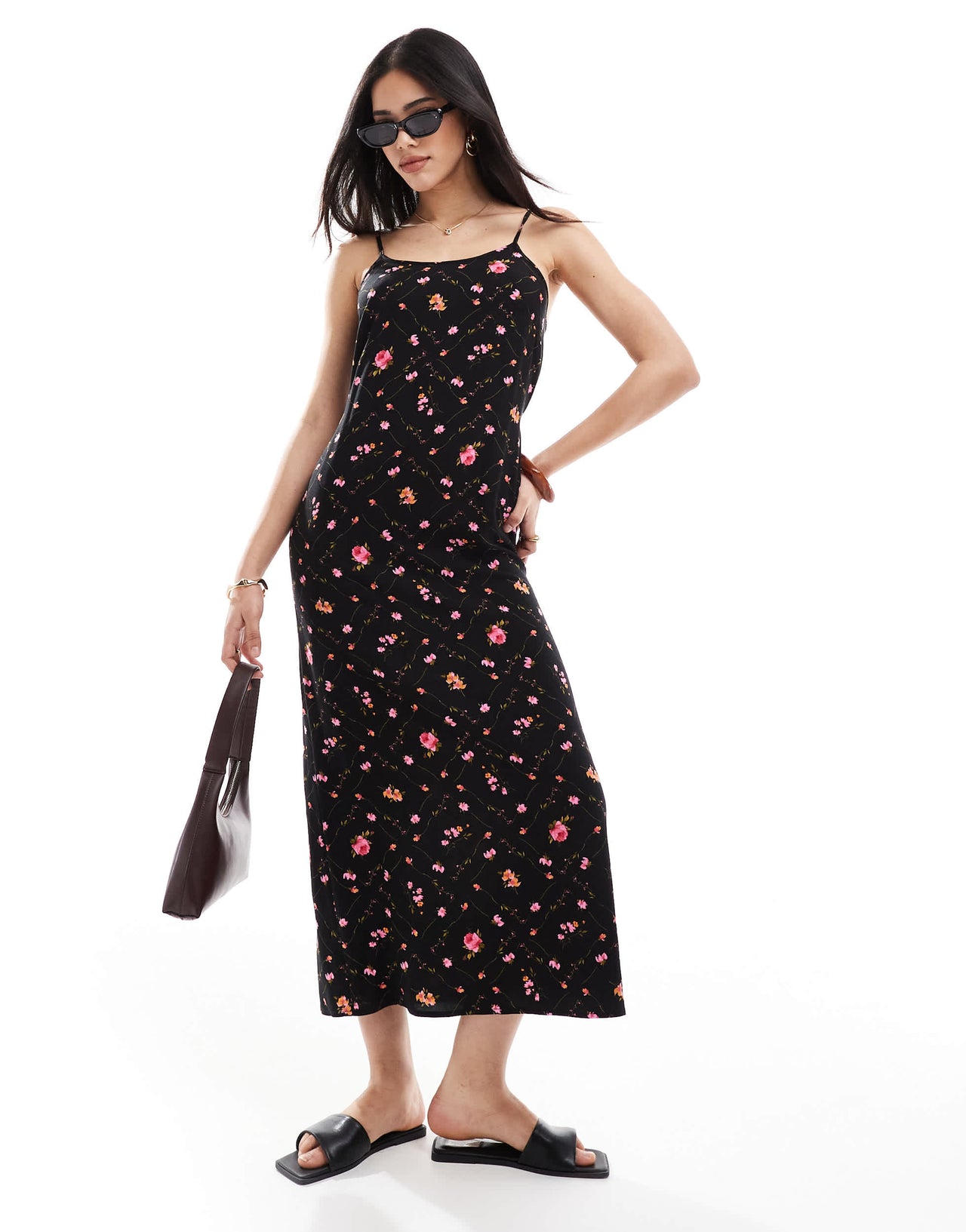 Miss Selfridge strappy scoop neck maxi slip dress in black ditsy print