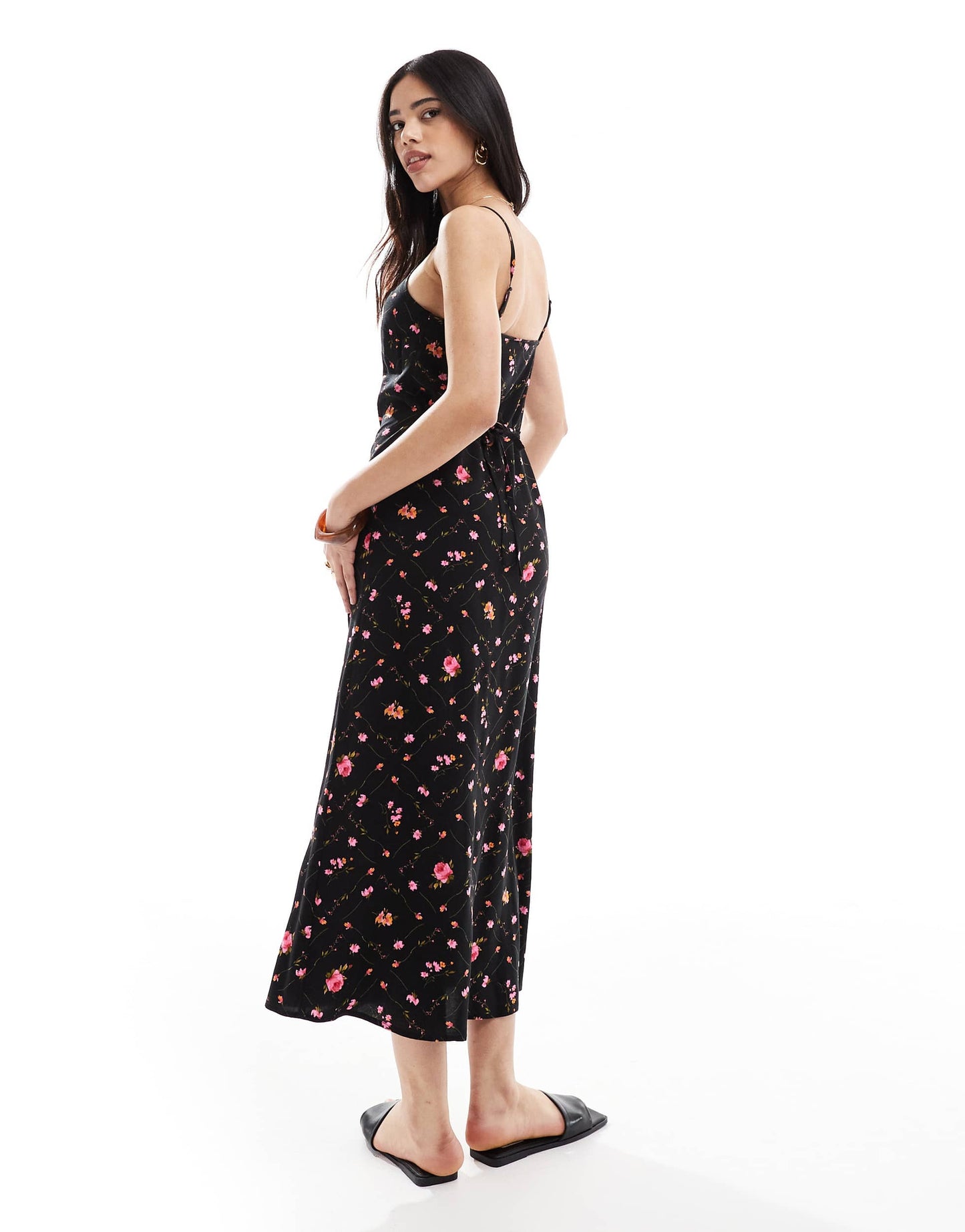 Miss Selfridge strappy scoop neck maxi slip dress in black ditsy print