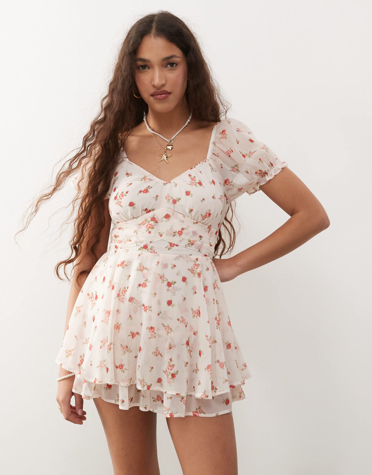Miss Selfridge chiffon rara mini playsuit in pink rose print