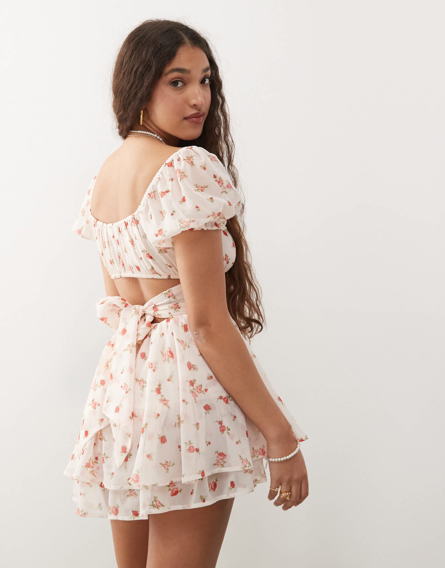 Miss Selfridge chiffon rara mini playsuit in pink rose print
