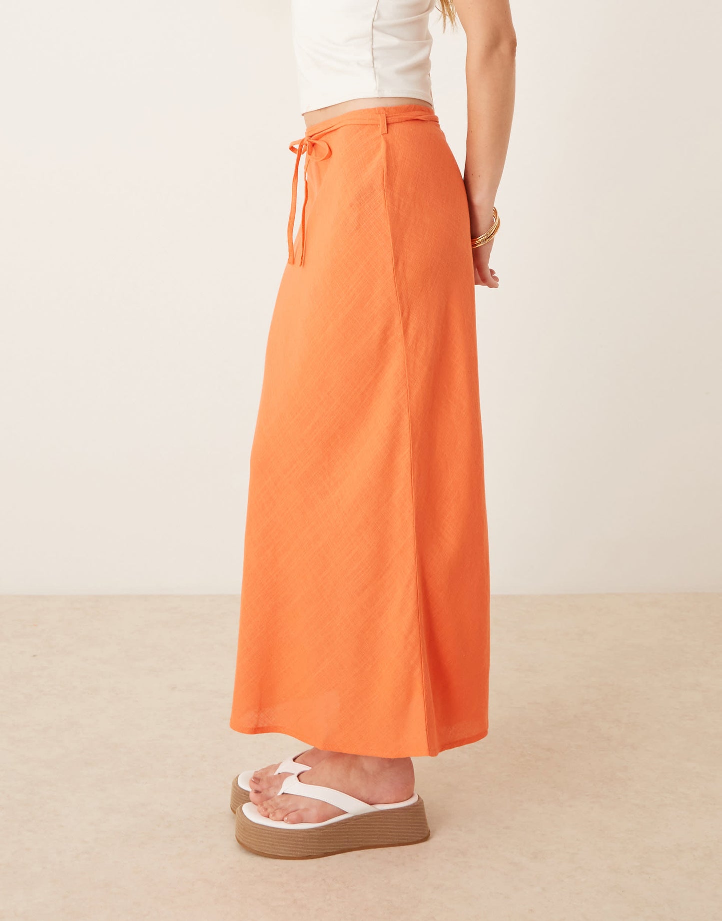 ASOS DESIGN linen blend bias midi skirt in orange