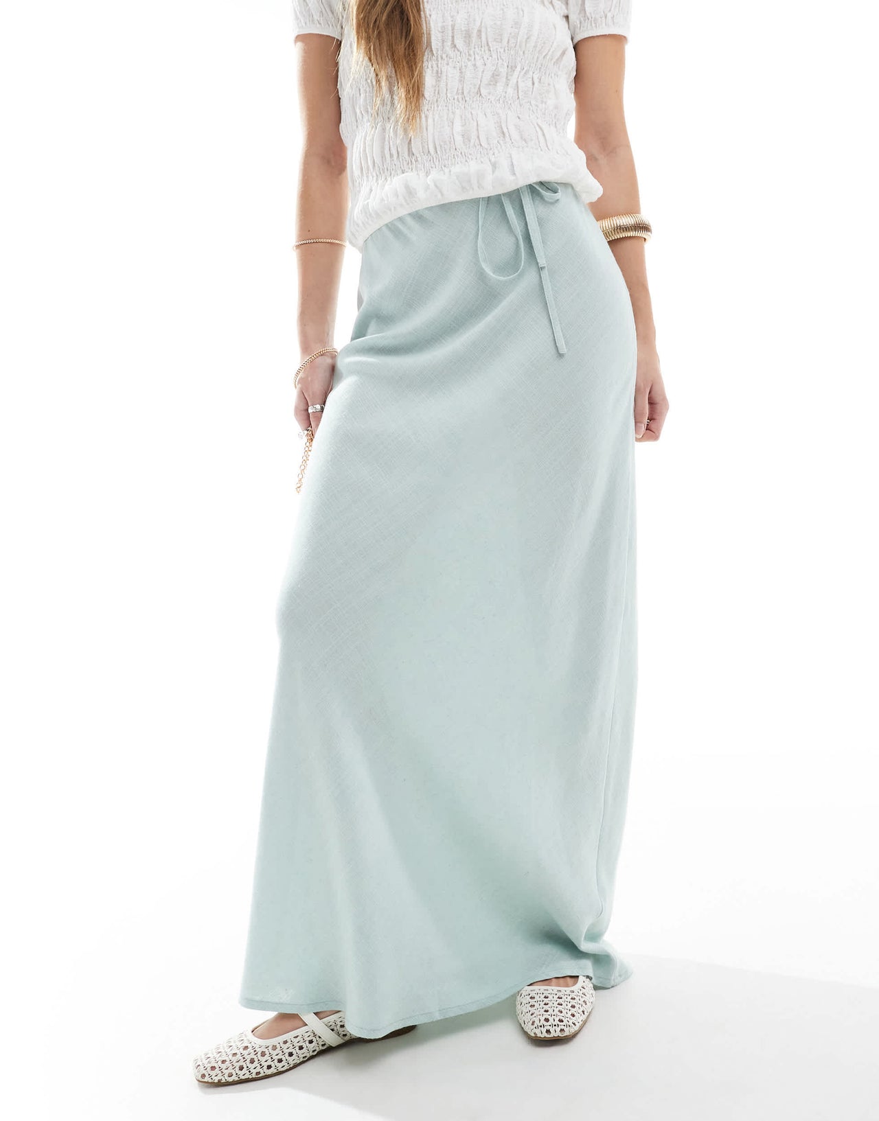 ASOS DESIGN linen blend bias maxi skirt in pistachio