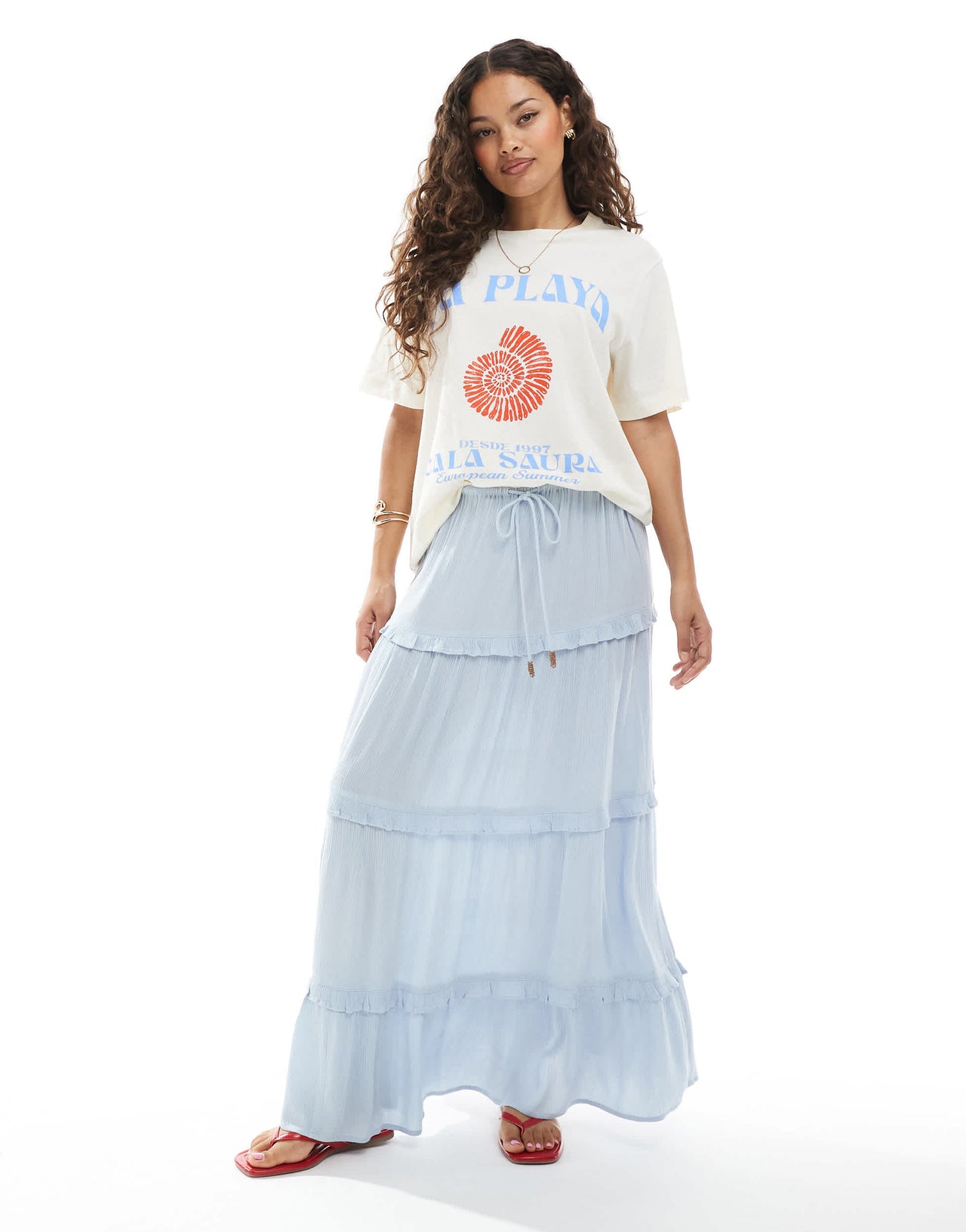 Miss Selfridge Petite tiered maxi skirt in light blue