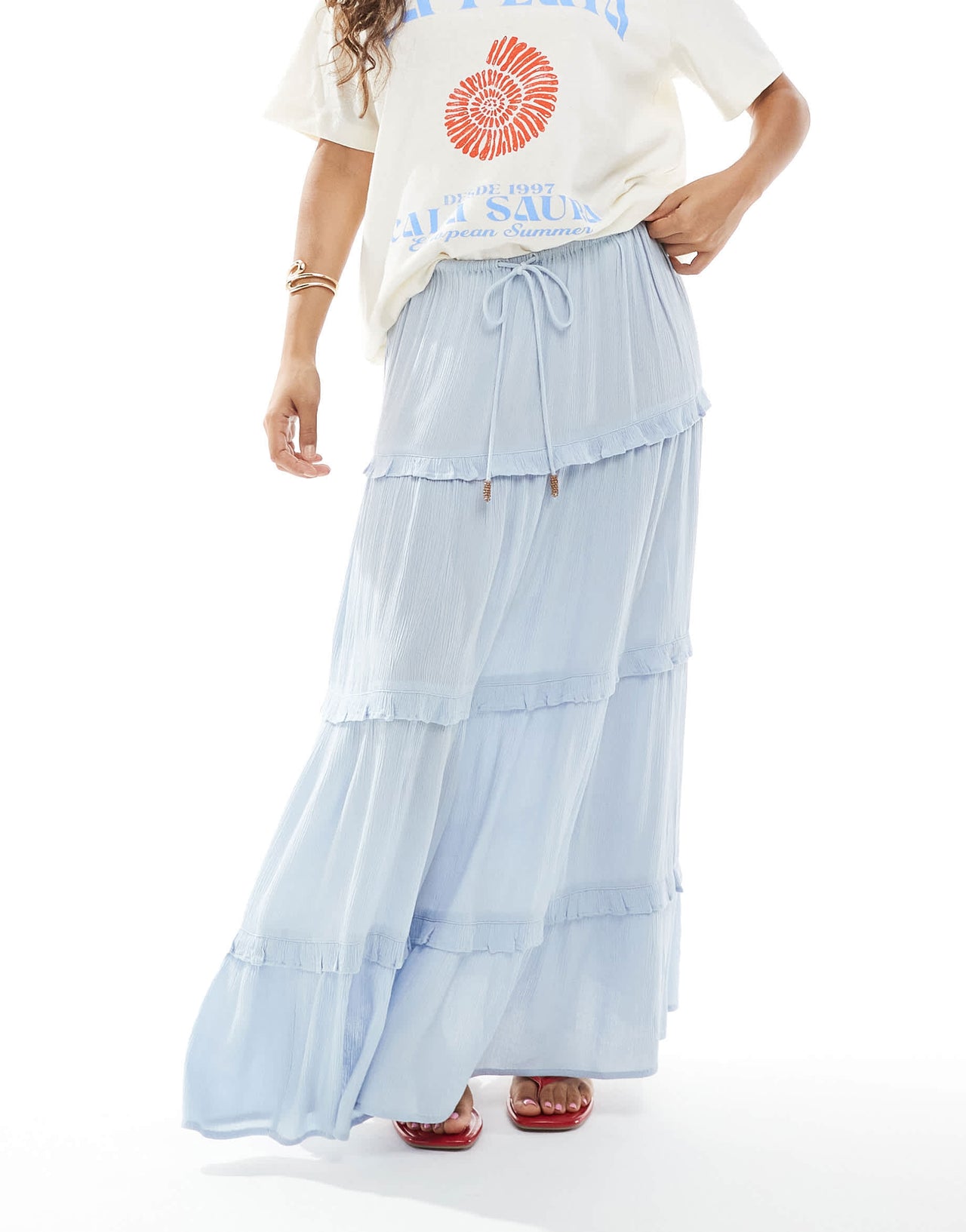 Miss Selfridge Petite tiered maxi skirt in light blue