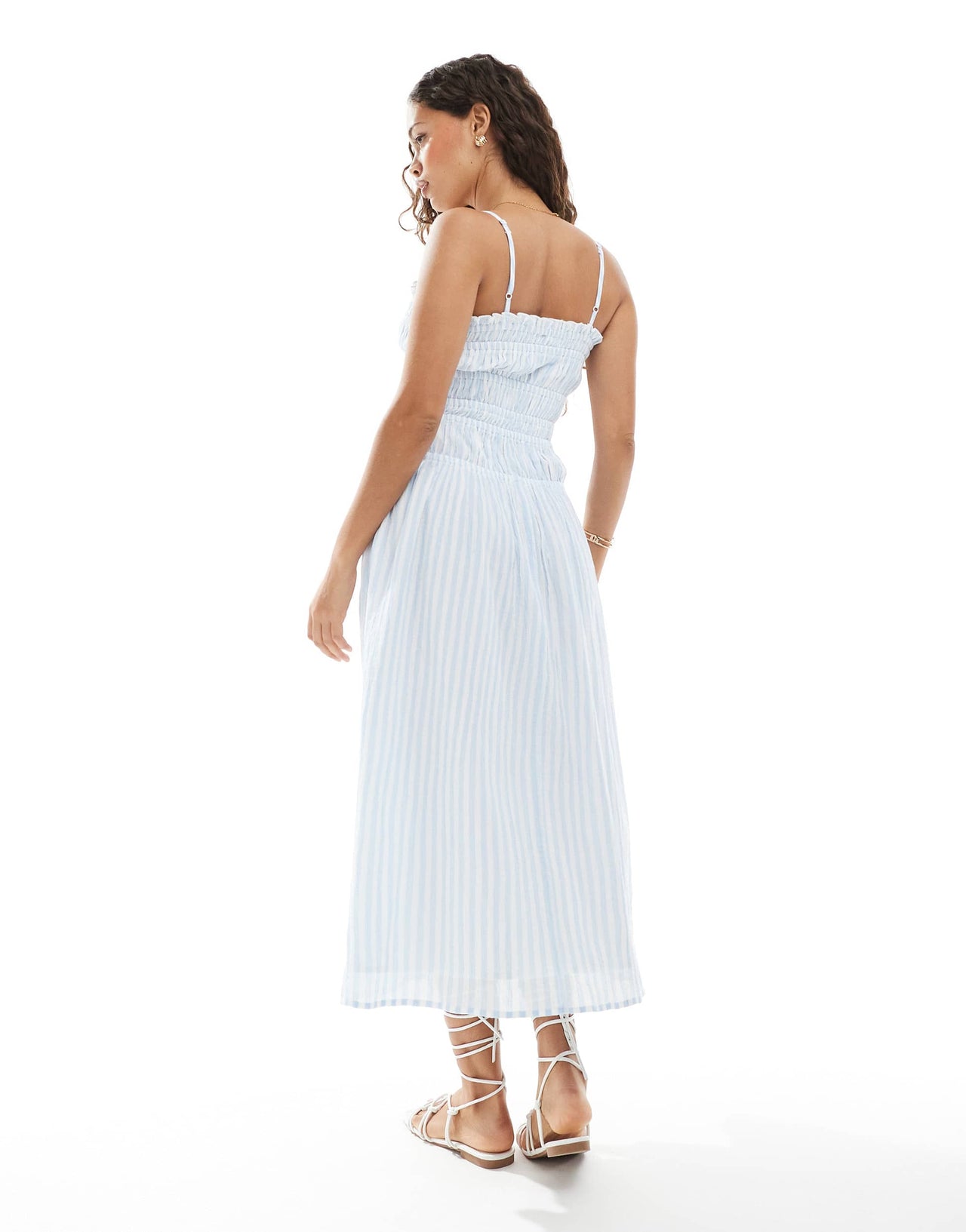 Miss Selfridge Petite shirred body button through maxi dress in blue stripe