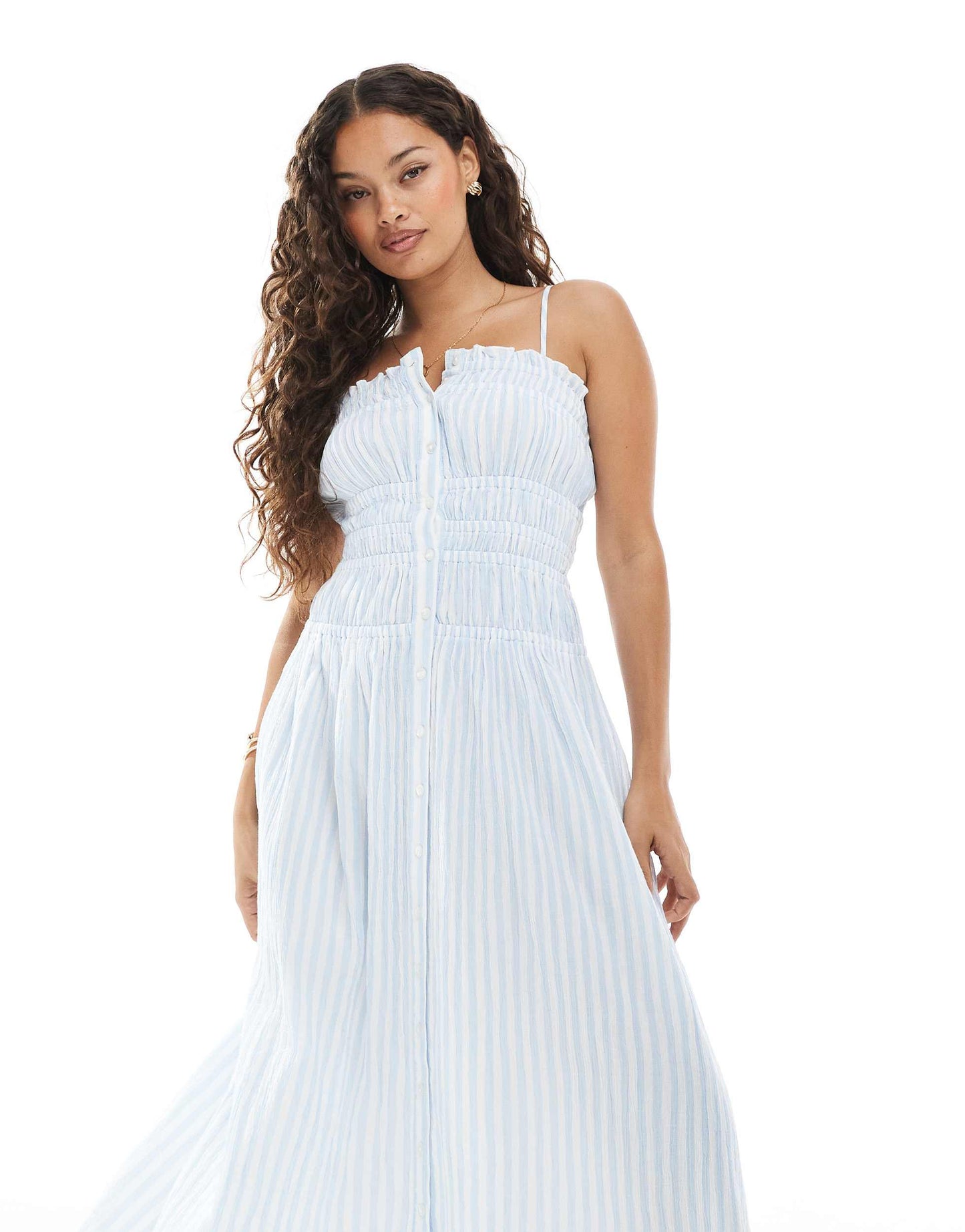 Miss Selfridge Petite shirred body button through maxi dress in blue stripe