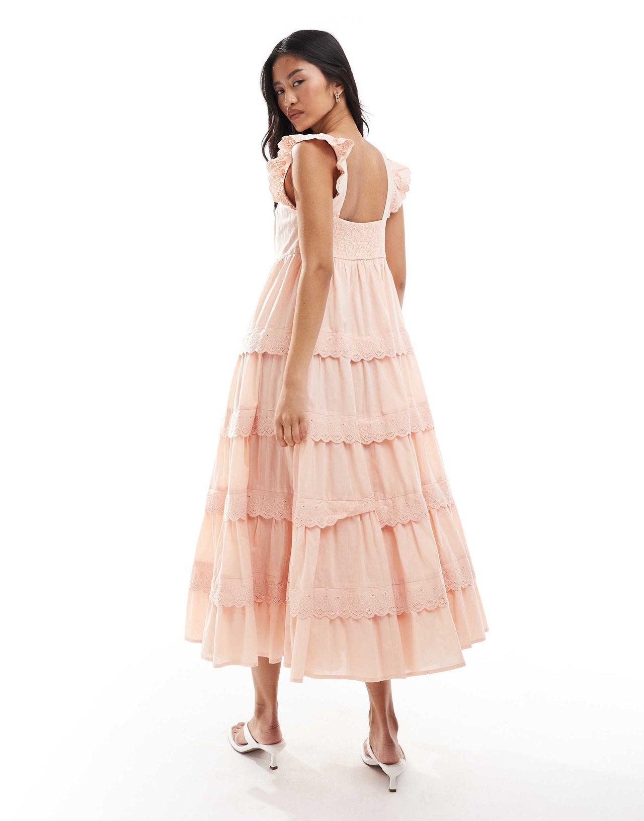 Miss Selfridge lace broderie trim babydoll maxi dress in peach