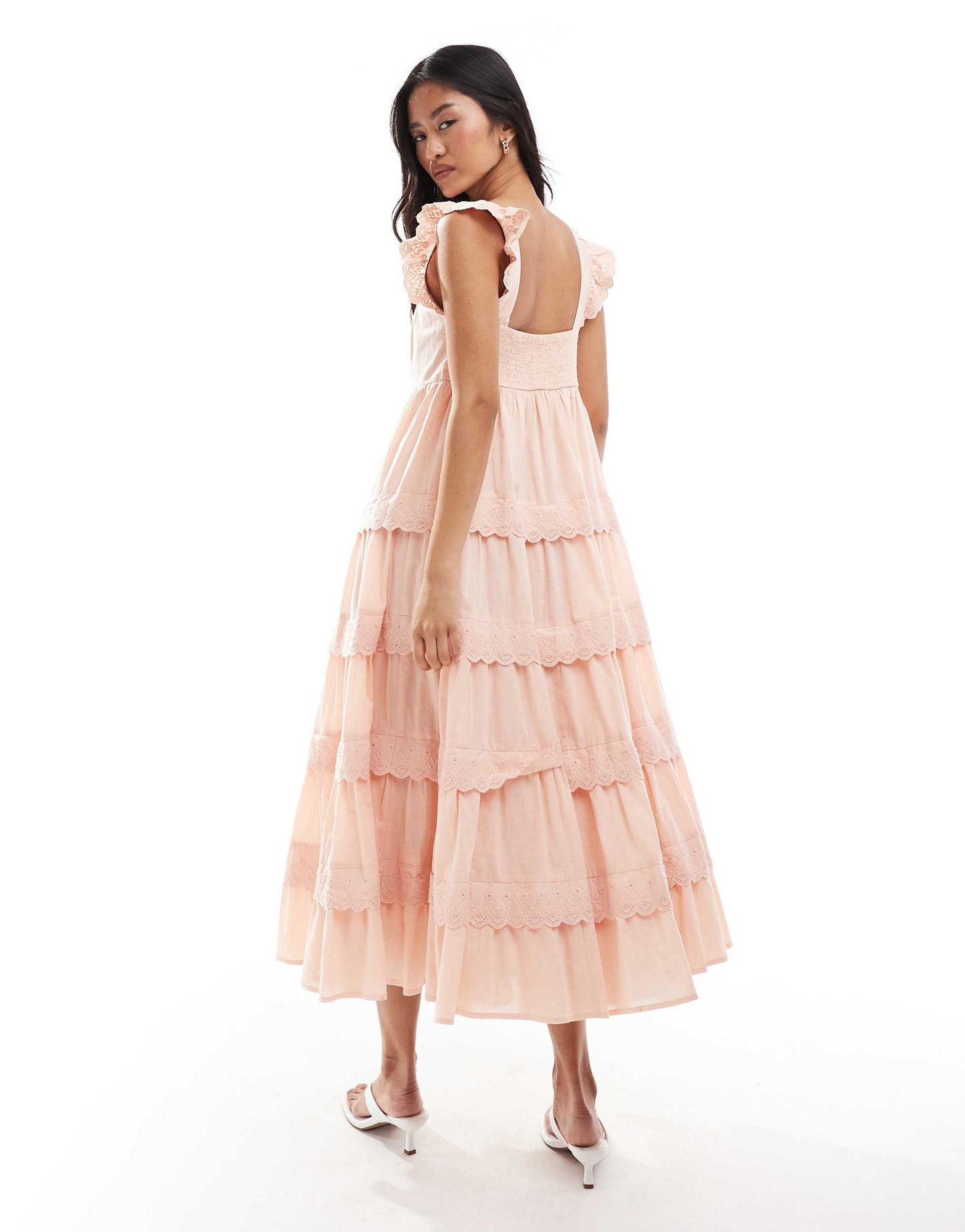 Miss Selfridge lace broderie trim babydoll maxi dress in peach