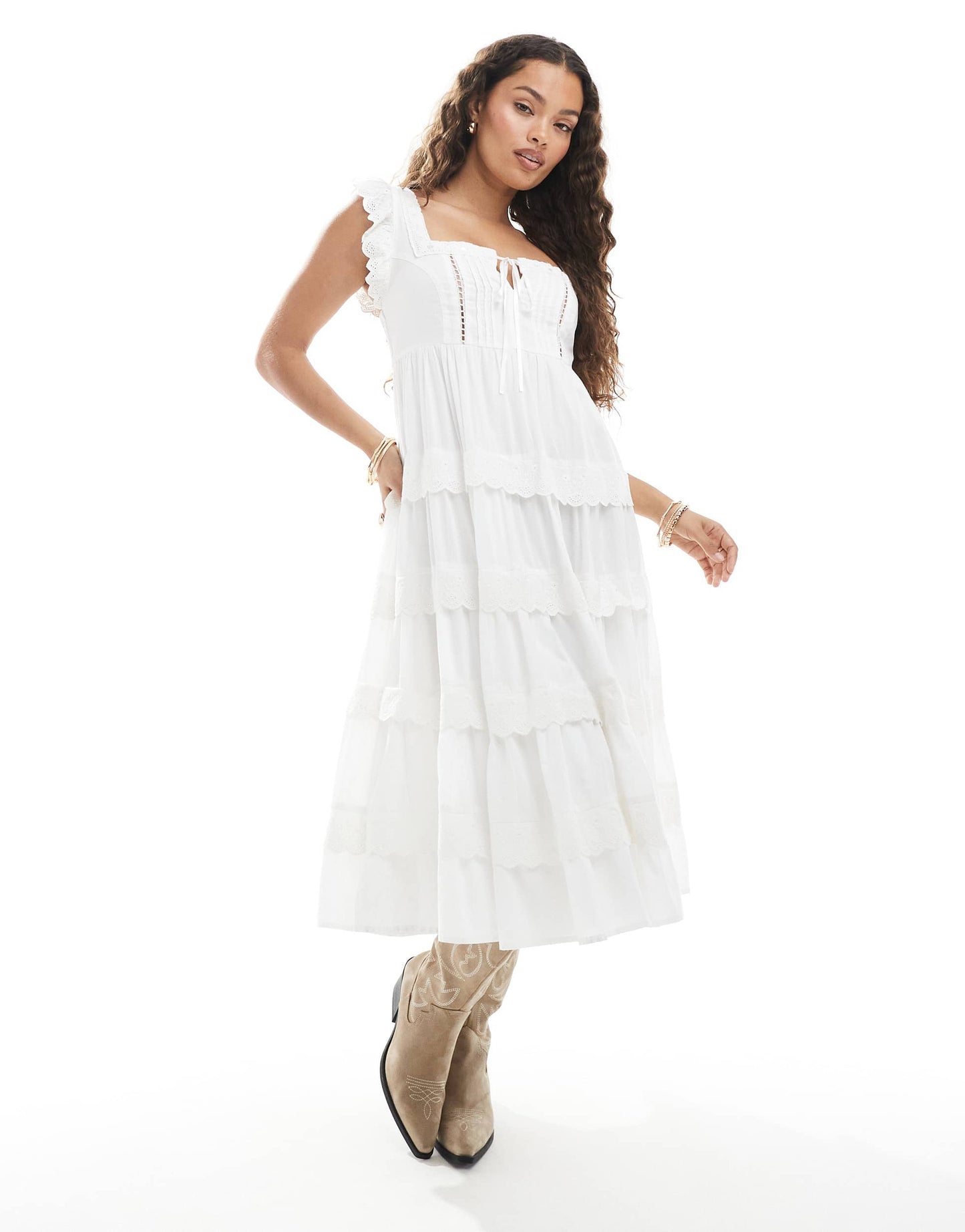 Miss Selfridge Petite broderie trim baby doll maxi dress in white