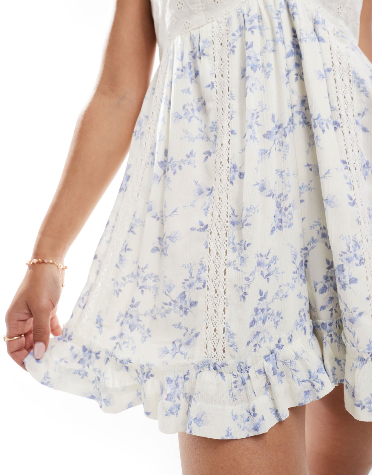 Miss Selfridge broderie and cheesecloth mix playsuit in blue print