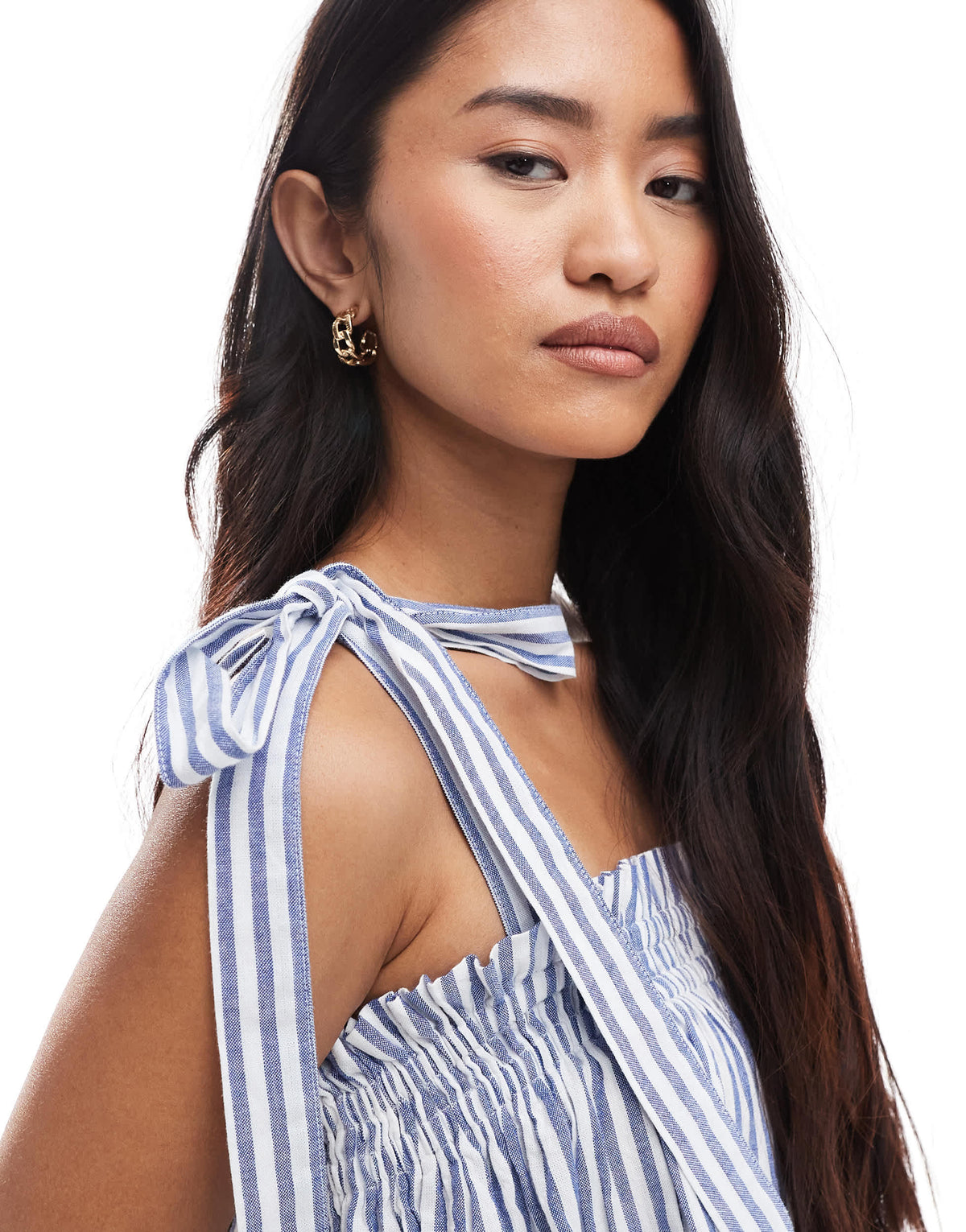 Miss Selfridge strappy poplin maxi smock dress in blue stripe