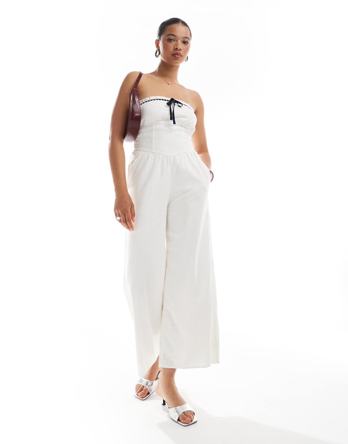 Hollister strapless linen jumpsuit with contrast trims in white
