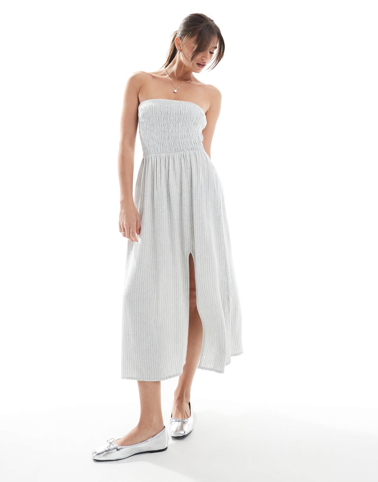 Hollister strapless drop waist panelled midi dress in sage stripe