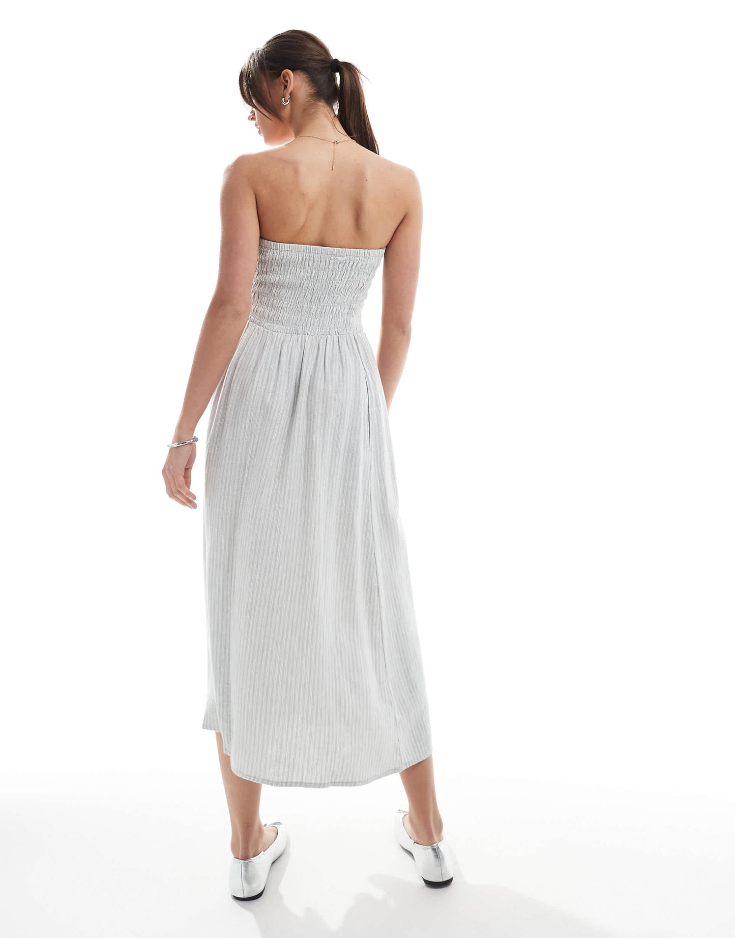 Hollister strapless drop waist panelled midi dress in sage stripe