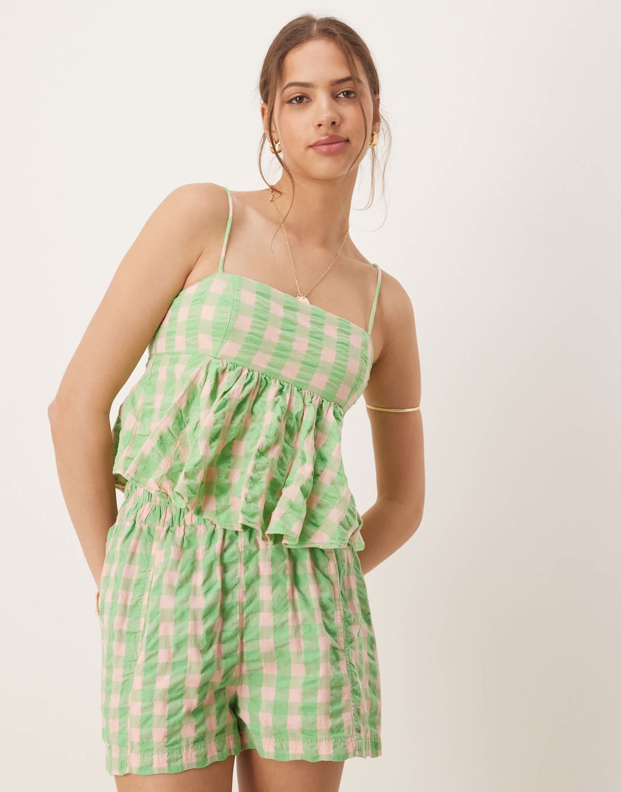 Free People plaid print camisole top co-ord in green