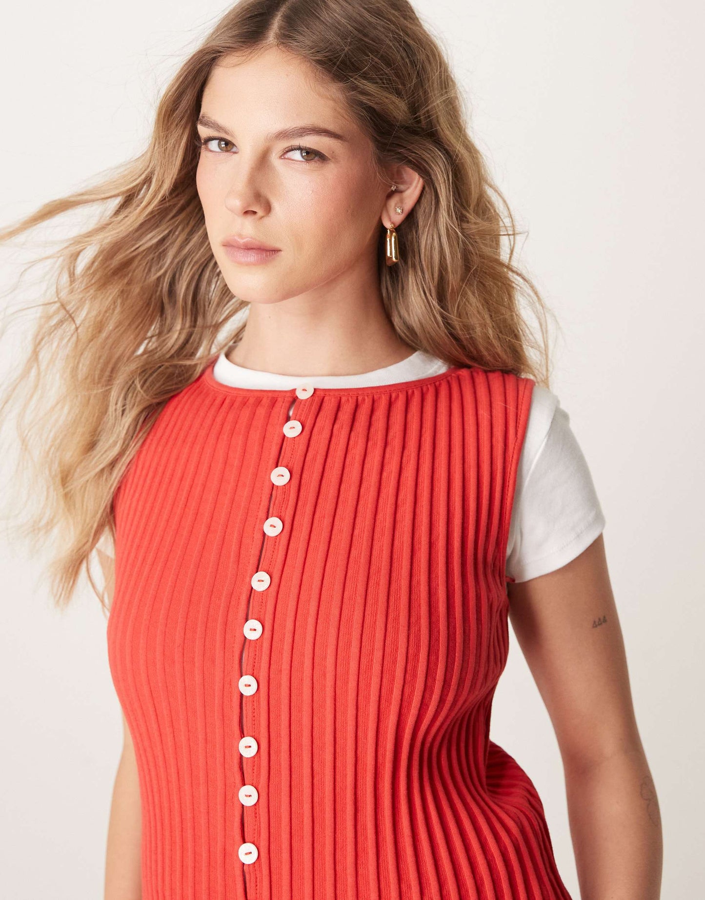 Free People tilly ribbed button through vest in tomato