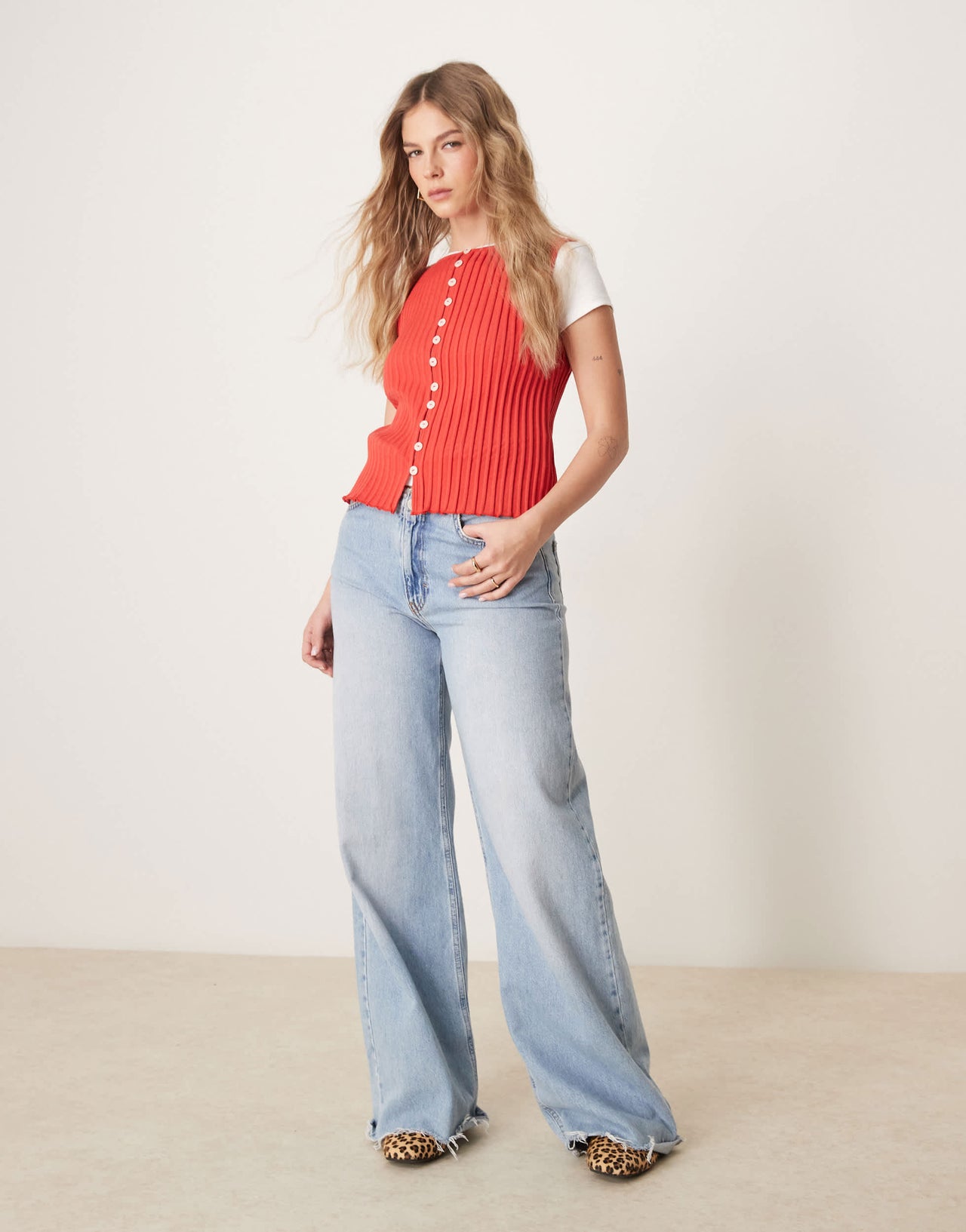 Free People tilly ribbed button through vest in tomato