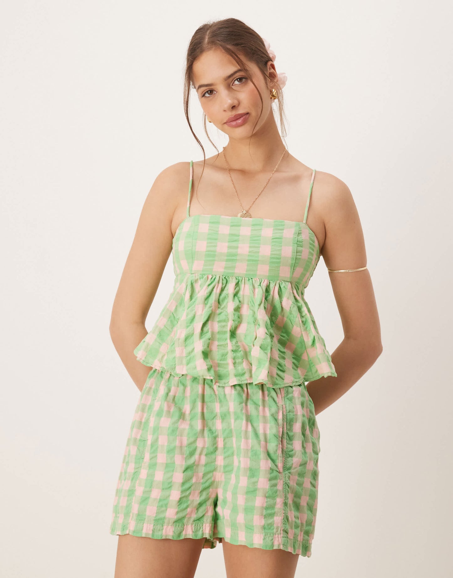 Free People plaid print pull-on short co-ord in green