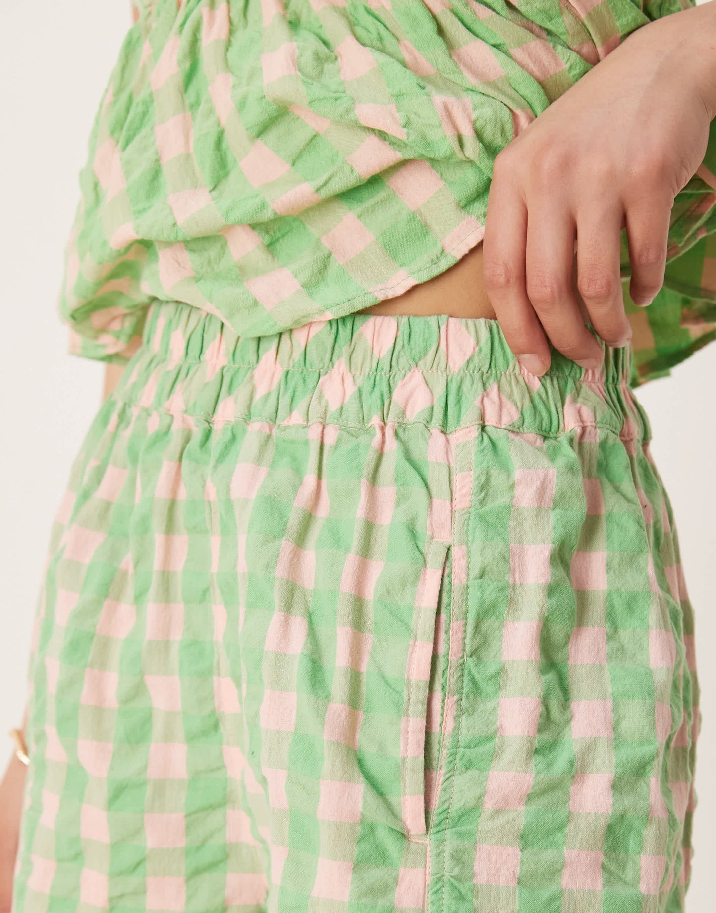 Free People plaid print pull-on short co-ord in green