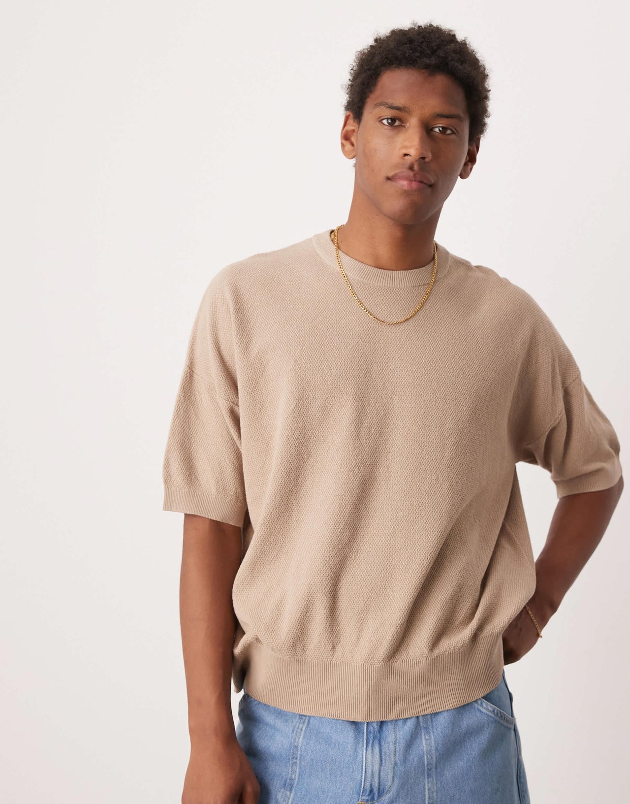 ASOS DESIGN oversized  fit knitted pique texture tshirt in stone