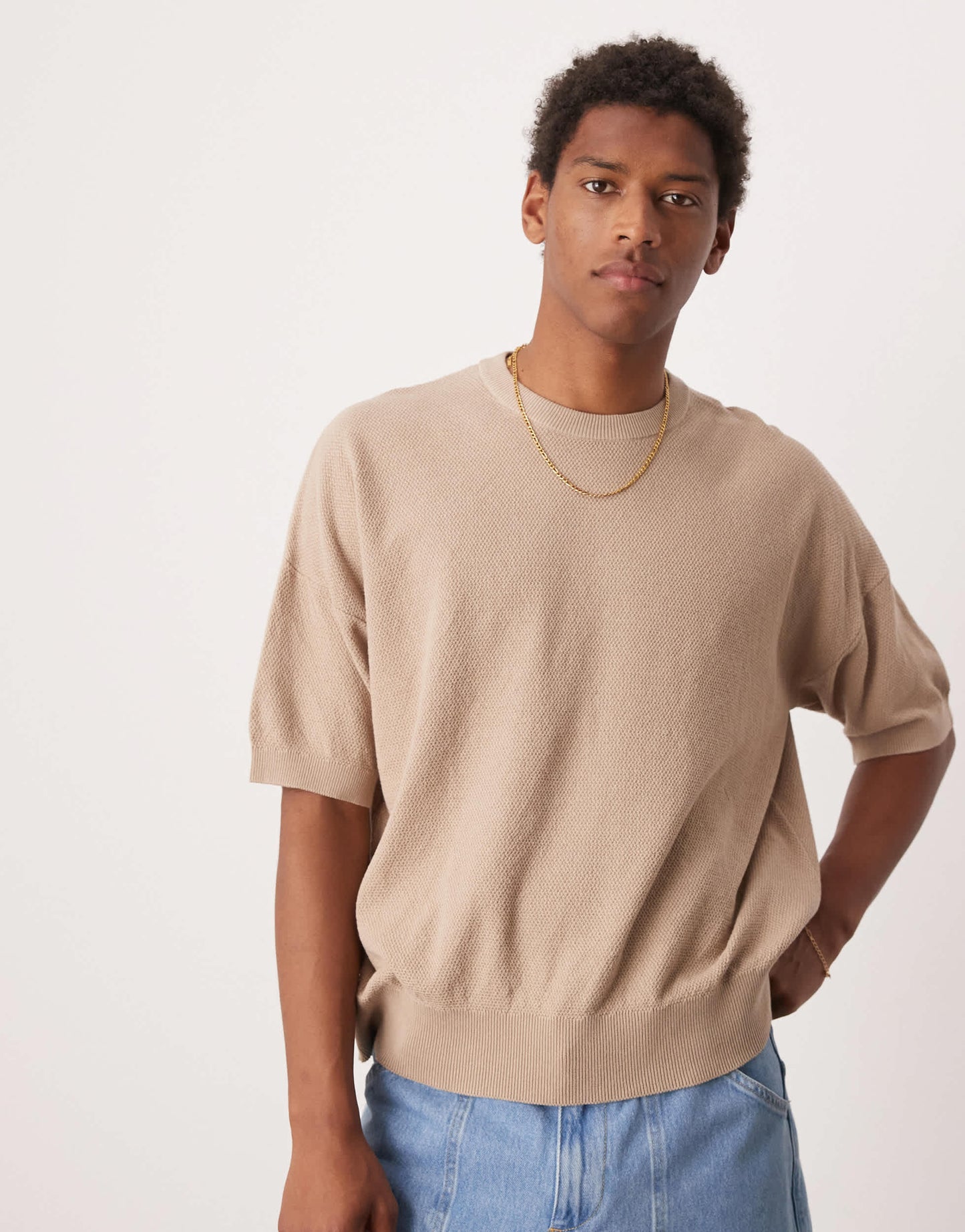 ASOS DESIGN oversized  fit knitted pique texture tshirt in stone