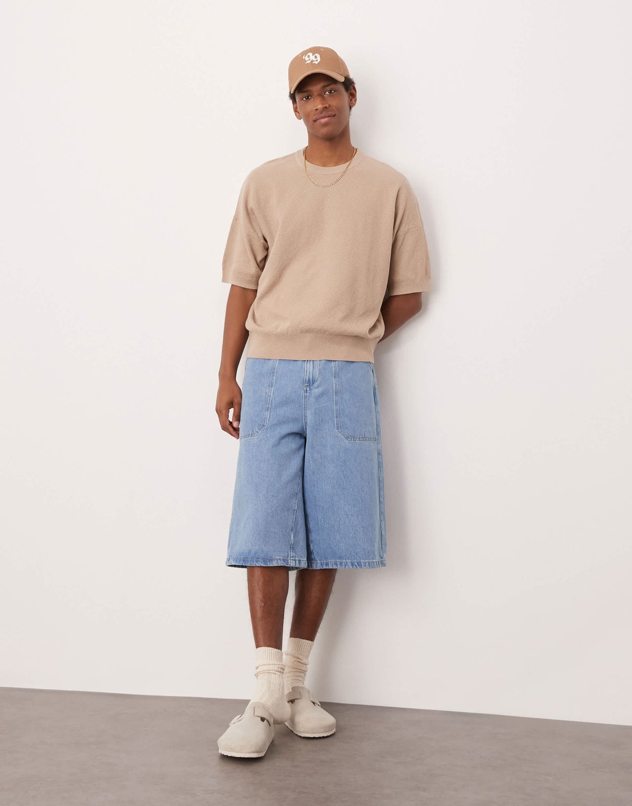 ASOS DESIGN oversized  fit knitted pique texture tshirt in stone