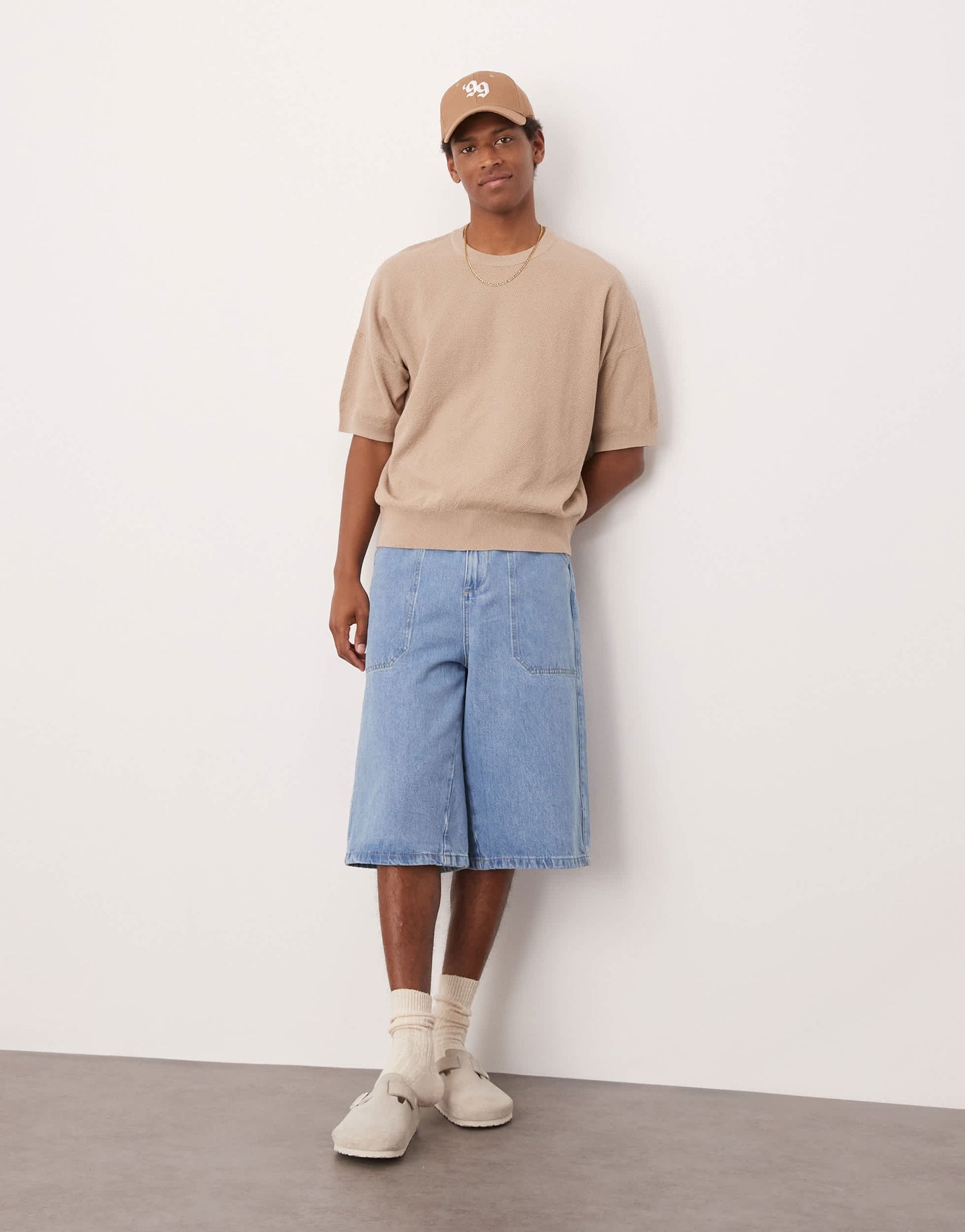ASOS DESIGN oversized  fit knitted pique texture tshirt in stone