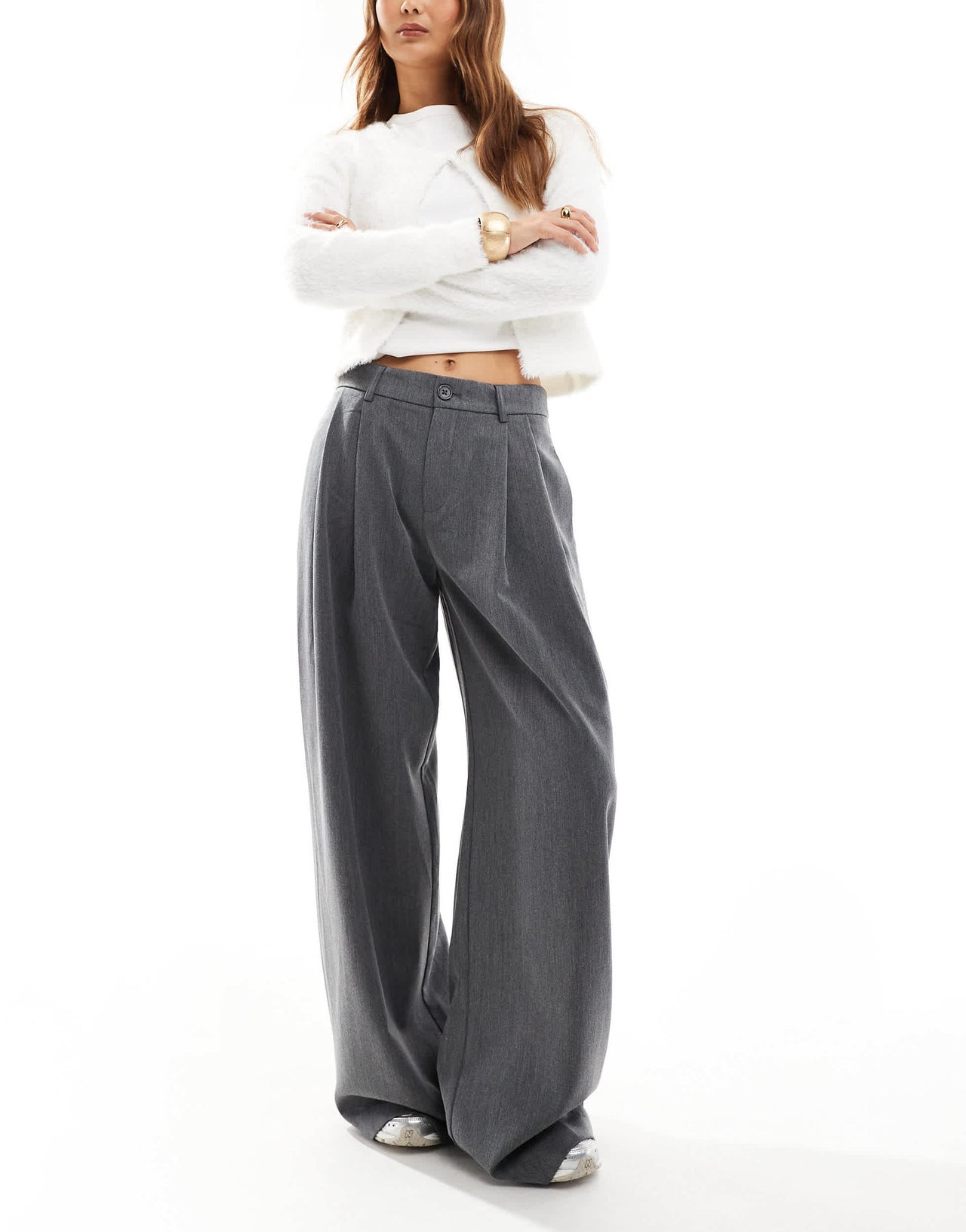 Stradivarius STR tailored pleated wide low waist trouser in grey