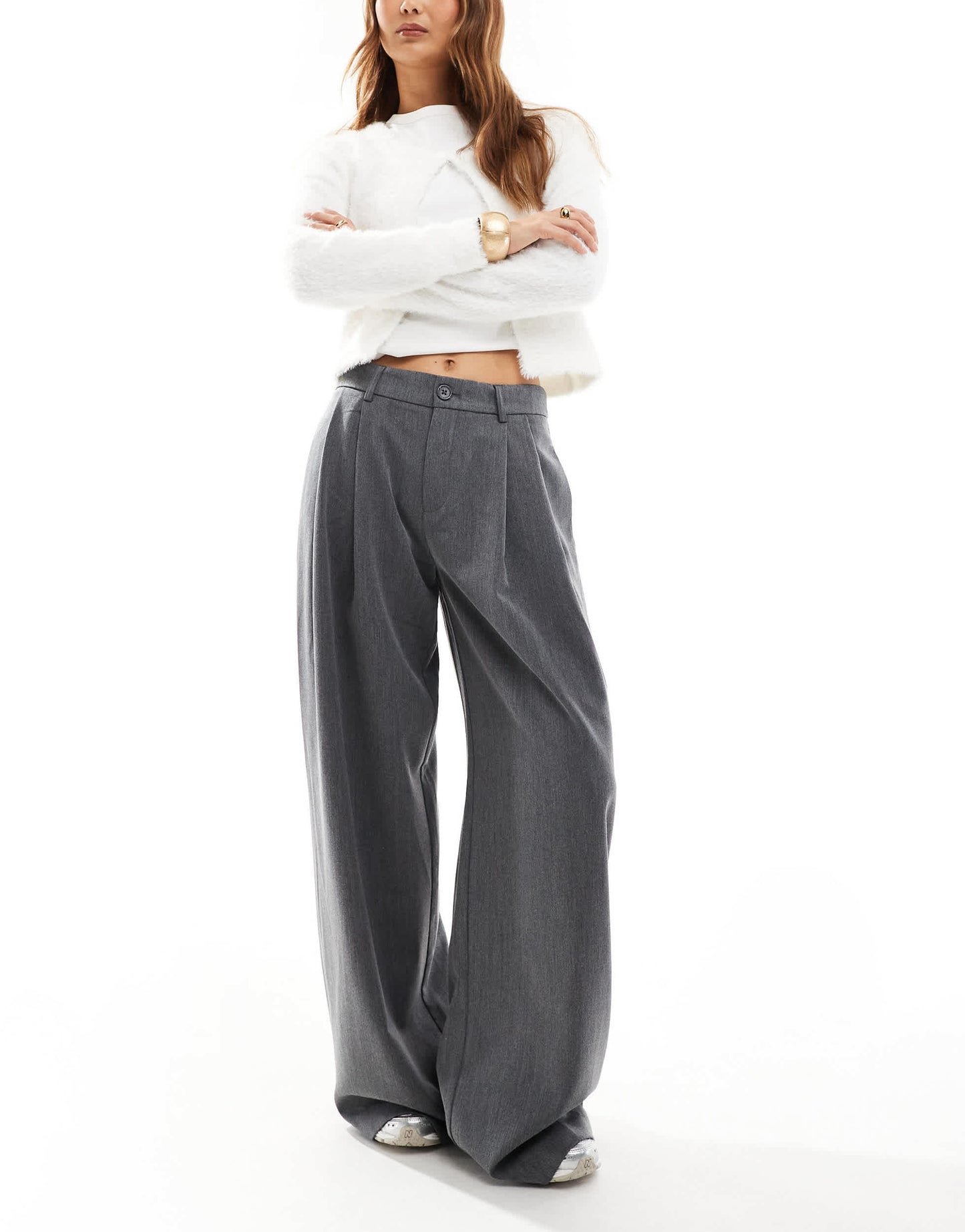 Stradivarius STR tailored pleated wide low waist trouser in grey