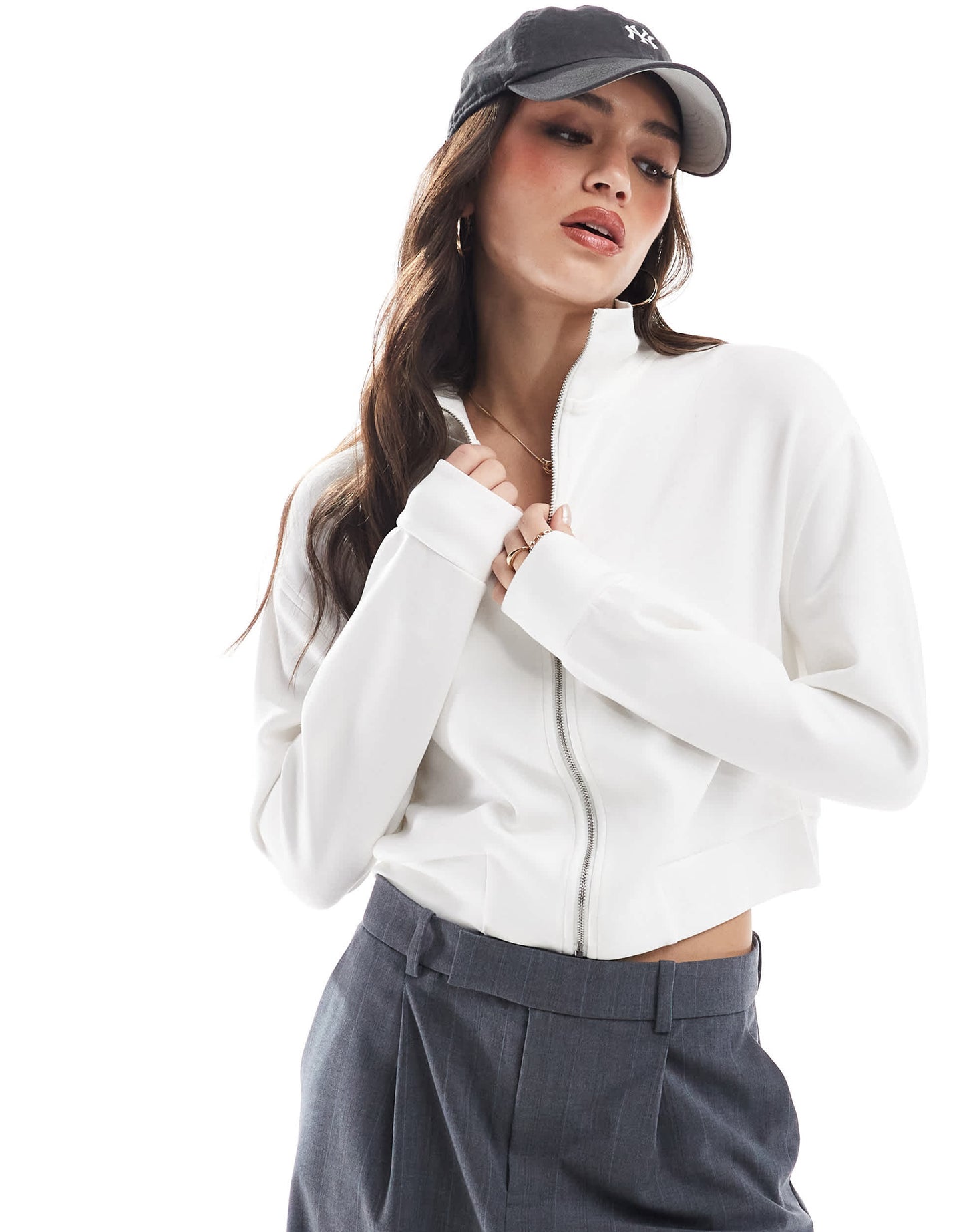 Stradivarius soft touch jersey bomber jacket in white