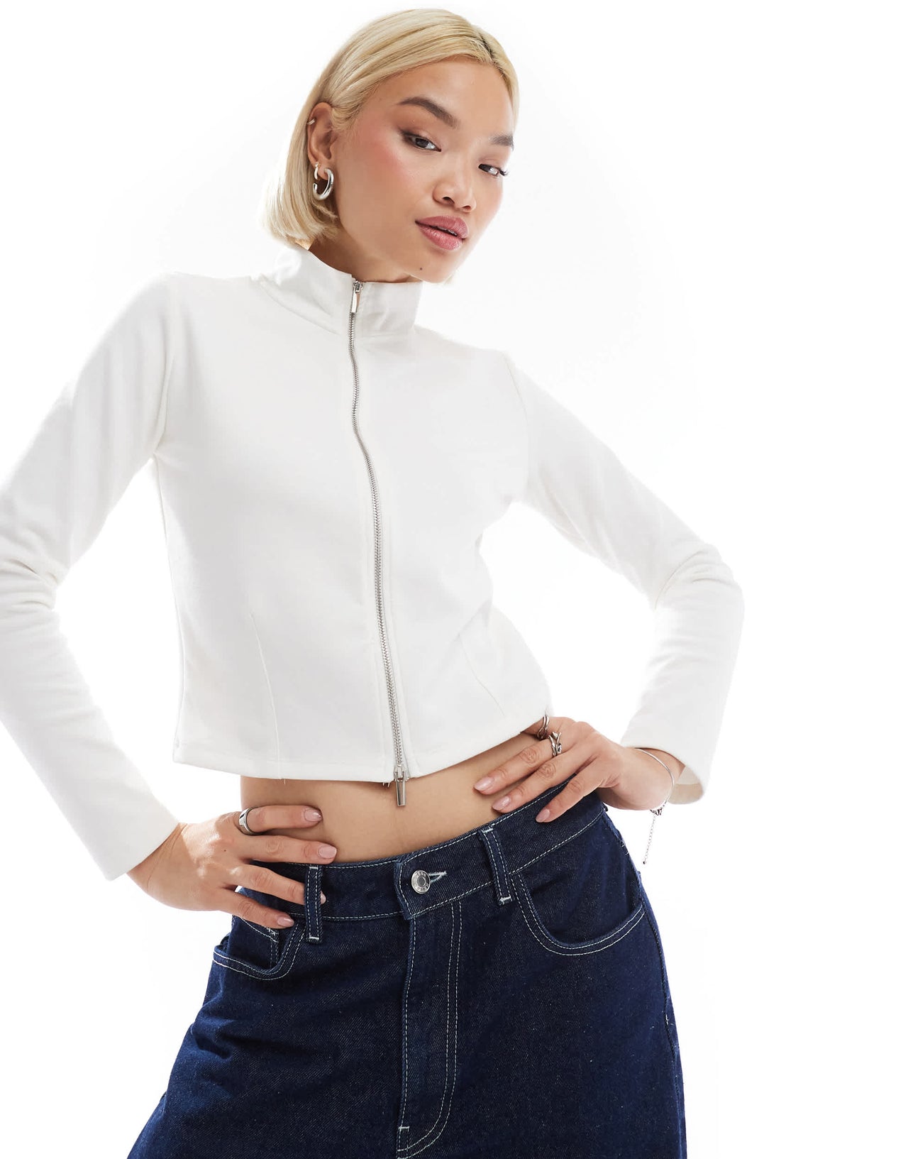 Stradivarius soft touch zip through track jacket in ecru